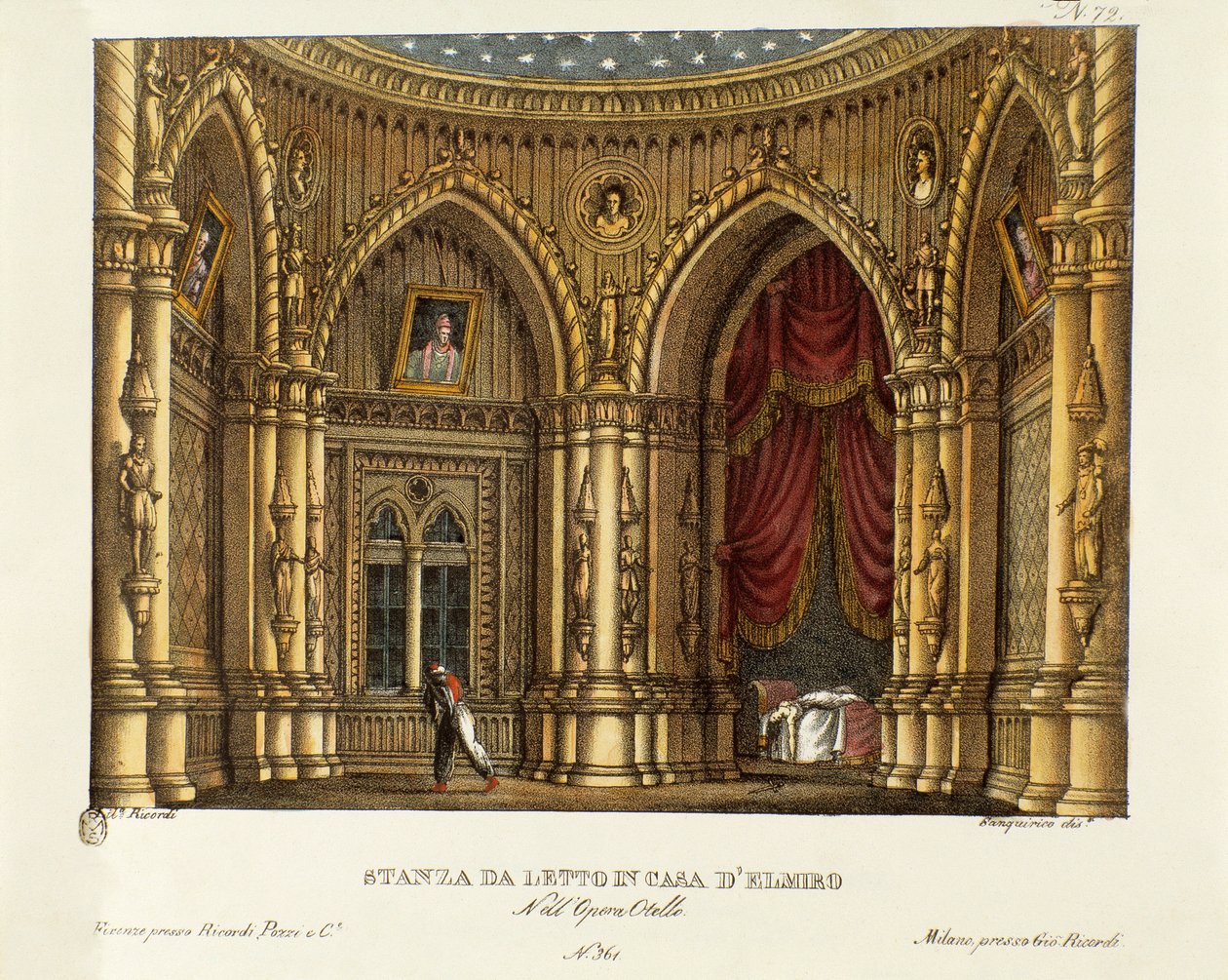 Elmire (vagy Elmiro) hálószobája Szcenográfia Gioacchino Rossini (vagy Gioachino) „Otello”” című operájához (1816) William Shakespeare „Othello vagy a velencei mór” című darabja után 1830 (litográfia) alkotó: Alessandro Sanquirico