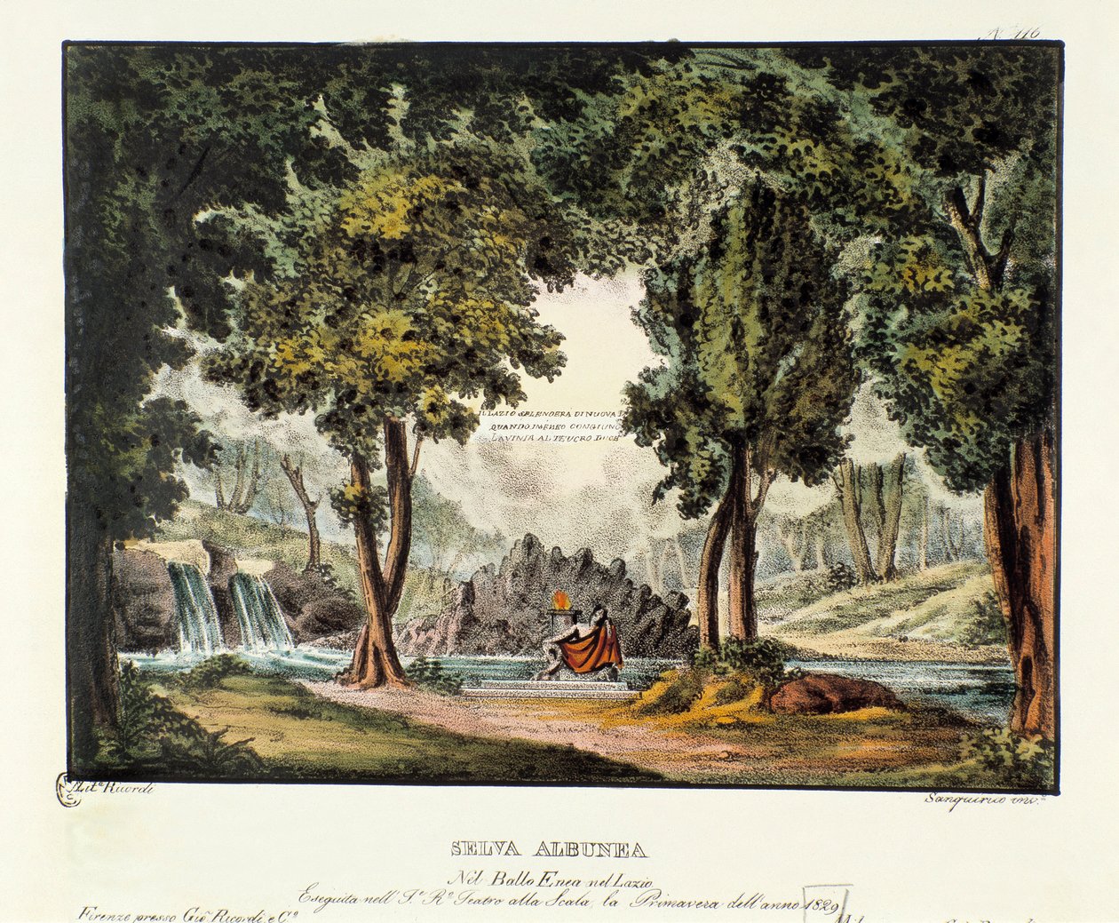 A Sibyl Albunea erdeje A szcenográfia Giuseppe Sarti "Enea nel Lazio" (1799) című operadrámájának ábrázolásához. Litográfia a „” Alessandro Sanquirico (1777-1849) festői találmányainak gyűjteménye 1830-ból”. Milánói magángyűjtemények alkotó: Alessandro Sanquirico