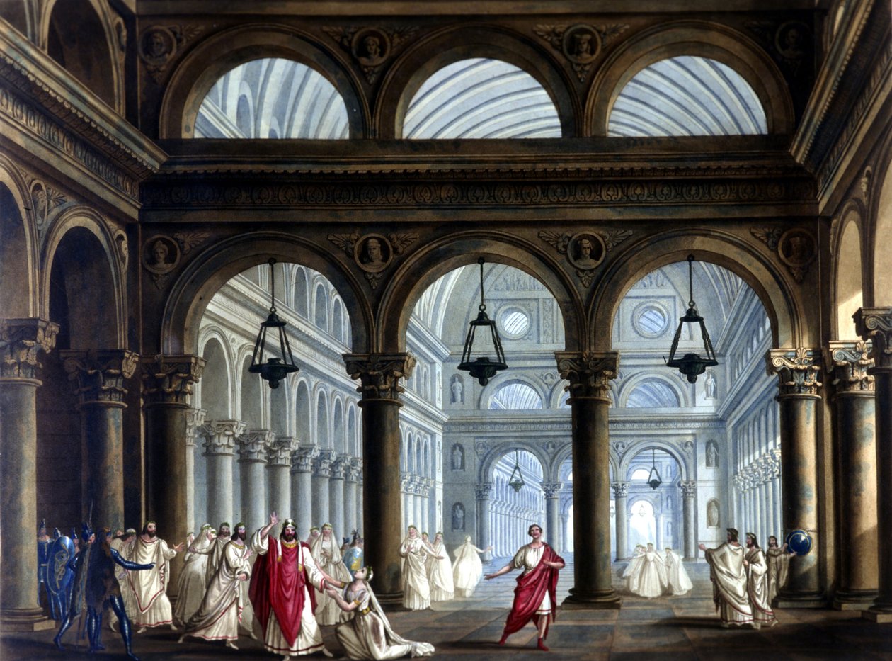 Irminsul temploma Vincenzo Bellini (1801 - 1835) „Norma” című operájában: Sanquirico szcenográfiája a milánói La Scala színházában 1833-ban tartott előadáshoz. alkotó: Alessandro Sanquirico