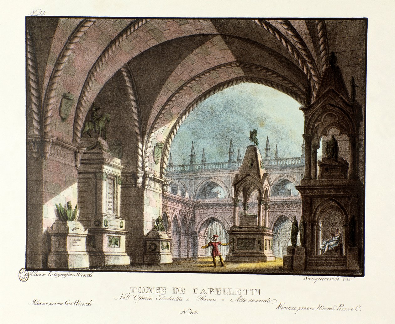 A Capulet család sírja (Capuleti) A Teatro Carcano 1829-es színházi előadásának szcenográfia Niccolo Antonio Zingarelli „Giulietta e Romeo” (Júlia és Rómeó) című operájának (1796) William Shakespeare „Rómeó és Júlia” című darabja után. Litográfia alkotó: Alessandro Sanquirico