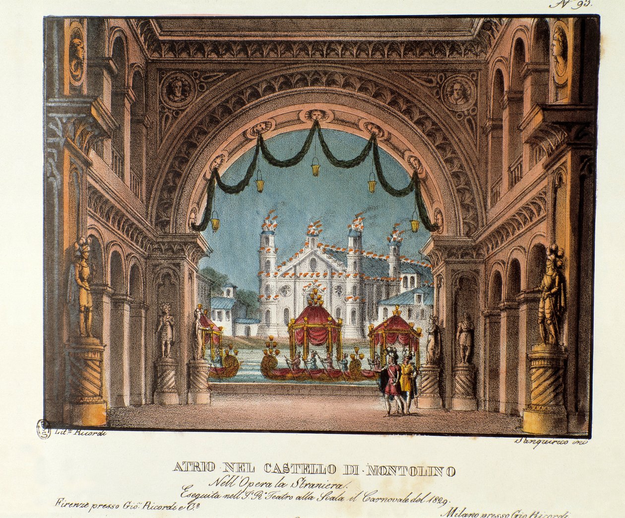 A bretagne-i Montolino kastély előcsarnoka Szcenográfia Vincenzo Bellini „La straniera” (1828) című operájának a Teatro alla scala előadásához 1829-ben. Litográfia „” Alessandro Sanquiri festői találmányainak gyűjteménye 1830-ból alkotó: Alessandro Sanquirico