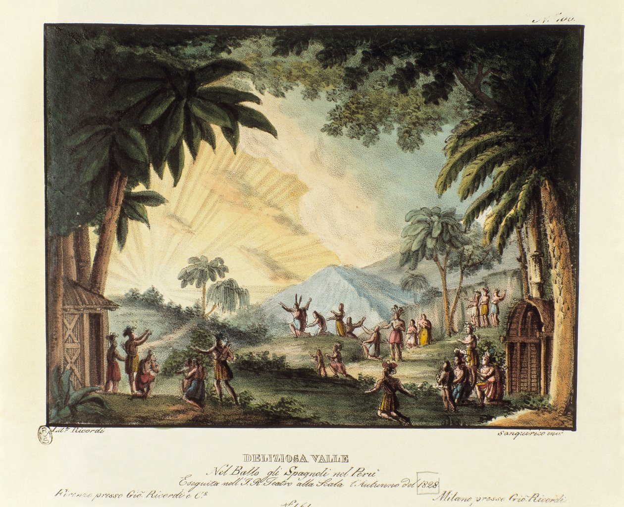 Egy finom völgy látványa az Újvilág meghódítása idején, a spanyol szcenográfia Giovanni Galzerani (1780-1865) olasz koreográfus (1828) „A spanyolok Peruban” című balettjéhez. Litográfia a „” szcenikai találmányok gyűjteménye d alkotó: Alessandro Sanquirico
