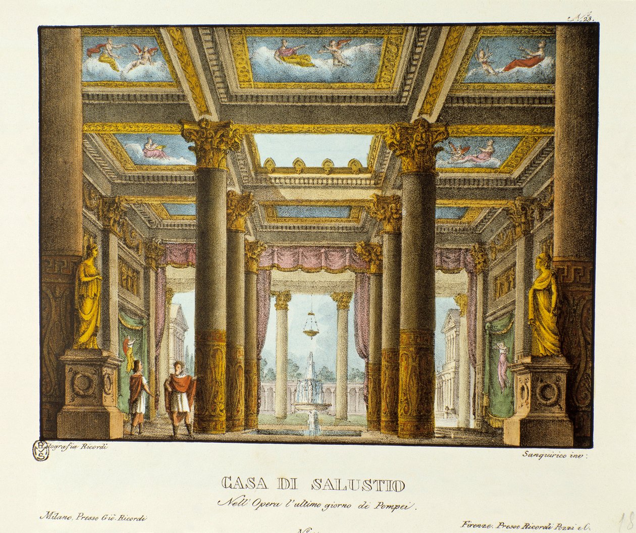Kilátás a Salustio-házra (Saluste) Giovanni Pacini „Pompei utolsó napja” (Pompei utolsó napja) című művének ábrázolásához készült szcenográfia. Litográfia a „” Alessandro Sanquirico (1777-1849) festői találmányainak gyűjteménye 1830-ból”. Milánó alkotó: Alessandro Sanquirico