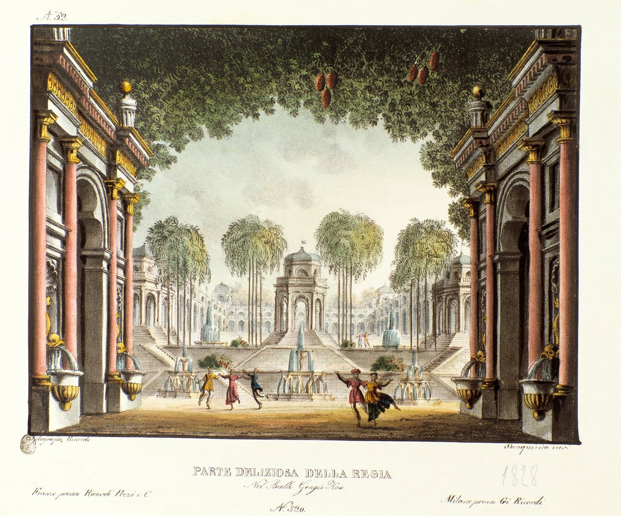 Kilátás a Dzsingisz kán palota királyi udvarára Giovanni Galzerani (1780-1865) olasz koreográfus (1828) „” Genis-Kan ”” című balettjéhez. Litográfia a "" Alessandro Sanquirico (1777-1849) festői találmányainak gyűjteménye 1830-ból" alkotó: Alessandro Sanquirico