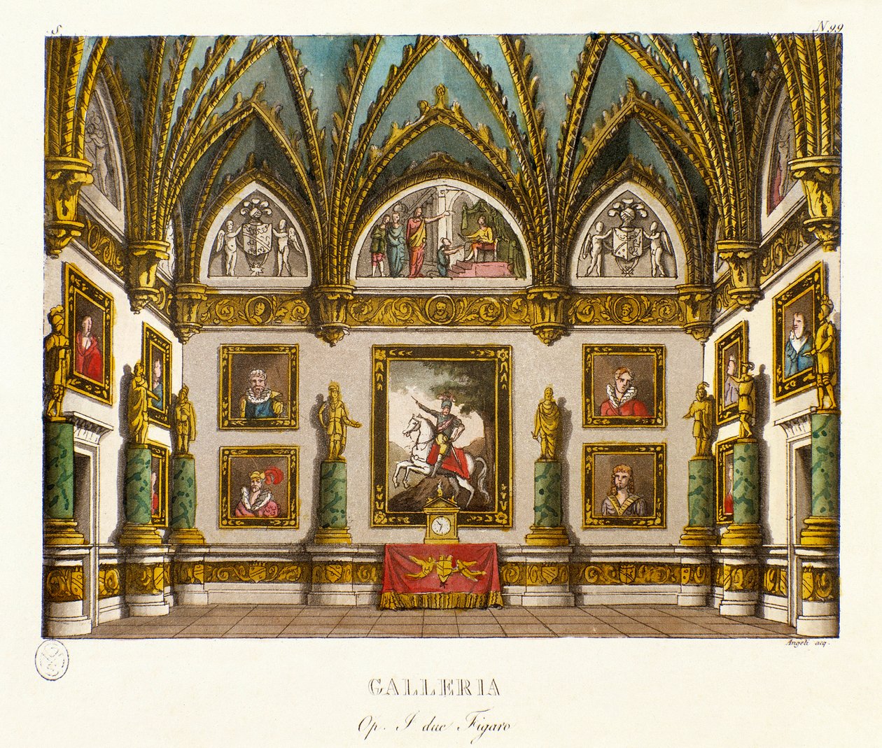 Képgaléria festménydekorációja Giuseppe Saverio Raffaele Mercadante (1795-1870) olasz zeneszerző „I due figaro”” című operájának szcenográfiája, „A két figaro vagy a vígjáték alanya” (1794) című darab után ) szerző: Honore Francois Richaud alkotó: Alessandro Sanquirico