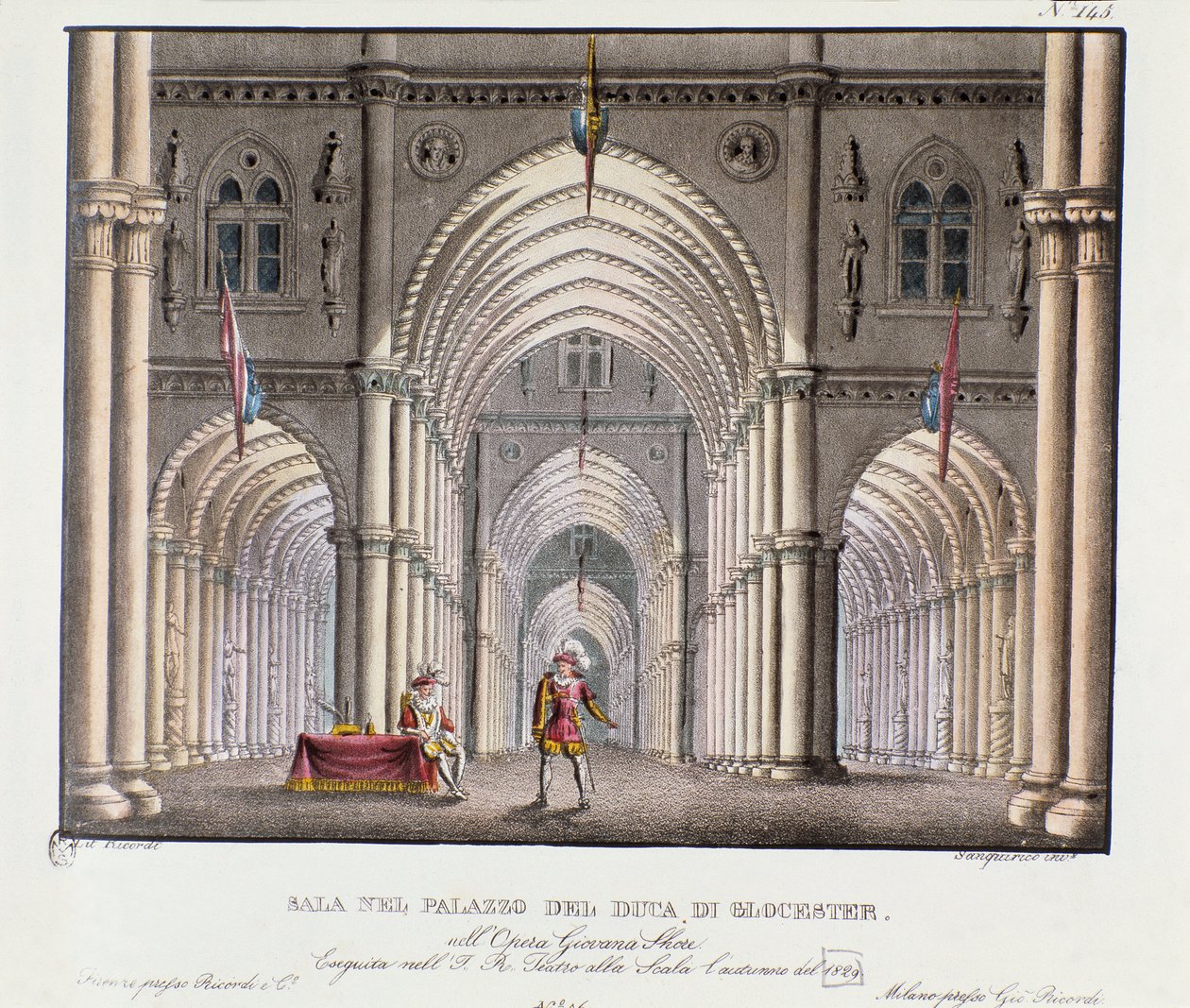 A gloucesteri herceg palotájának csarnokának kilátása Szcenográfia Carlo Ponti (1829) „Giovanna Shore” (Jeanne Shore) című operájának ábrázolásához. Litográfia a "" Alessandro Sanquirico (1777-1849) festői találmányainak gyűjteménye 1830-ból" alkotó: Alessandro Sanquirico