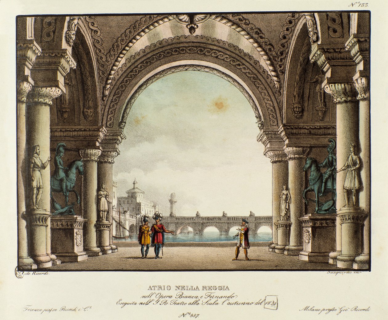 Kilátás a királyi palota termére Vincenzo Bellini „Bianca e Fernando” (1826) című operájának 1829-es ábrázolásához készült szcenográfia. Litográfia a „” Alessandro Sanquirico (1777-1849) festői találmányainak gyűjteménye 1830-ból”. Privát milánói alkotó: Alessandro Sanquirico