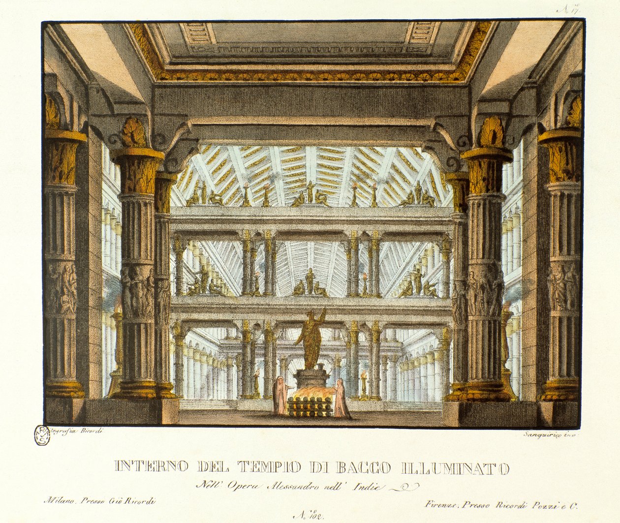 Bacchus templomának belső nézete megvilágítja a szcenográfia a Metastase (Metastasio) „Alessandro nell