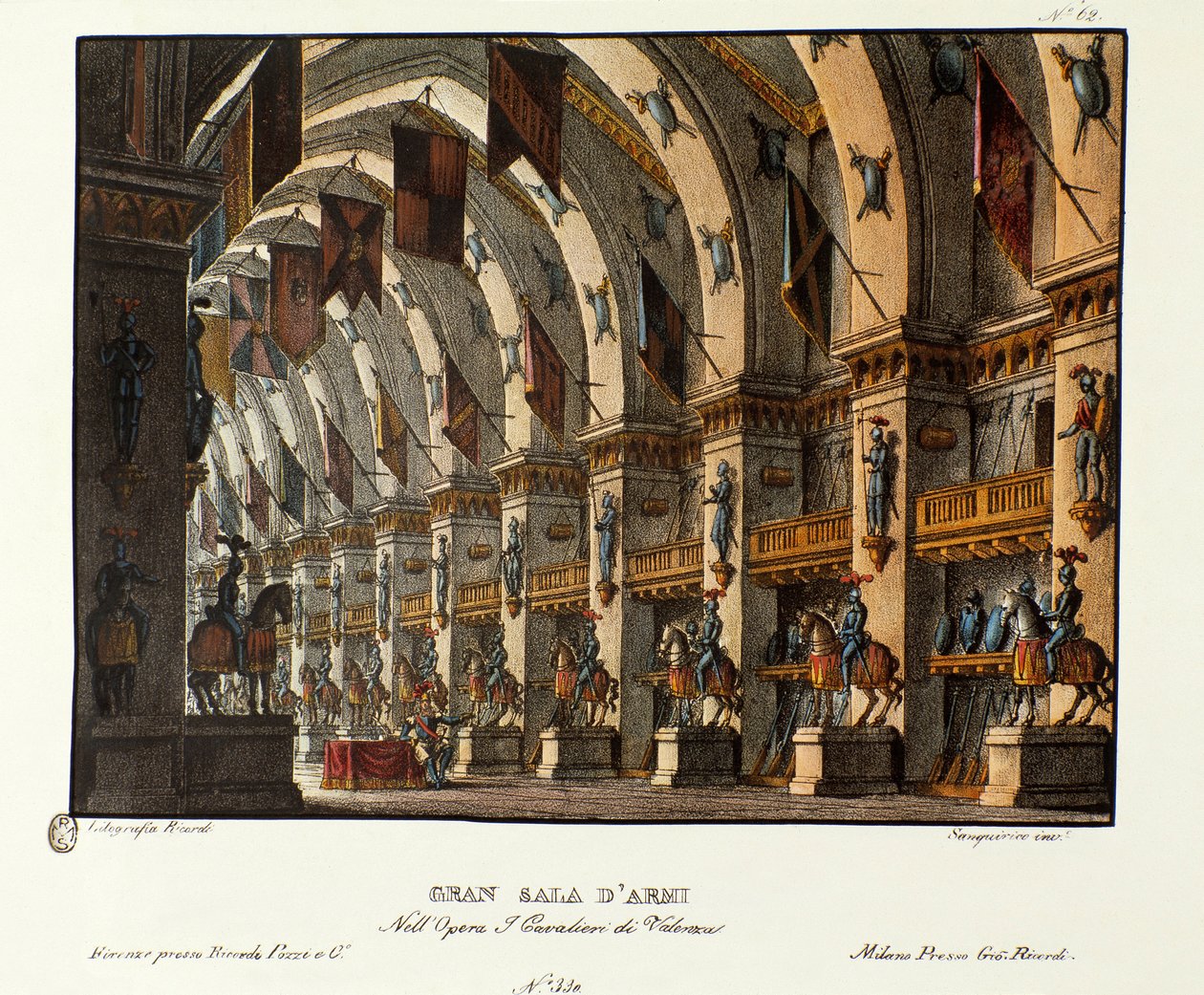 Kilátás a nagy fegyverteremről Giovanni Pacini és Gaetano Rossi „I cavalieri di Valenza” című operájának (1828) bemutatásához készült jelenet. Litográfia a „” Alessandro Sanquirico (1777-1849) festői találmányainak gyűjteménye 1830-ból”. milánói p alkotó: Alessandro Sanquirico