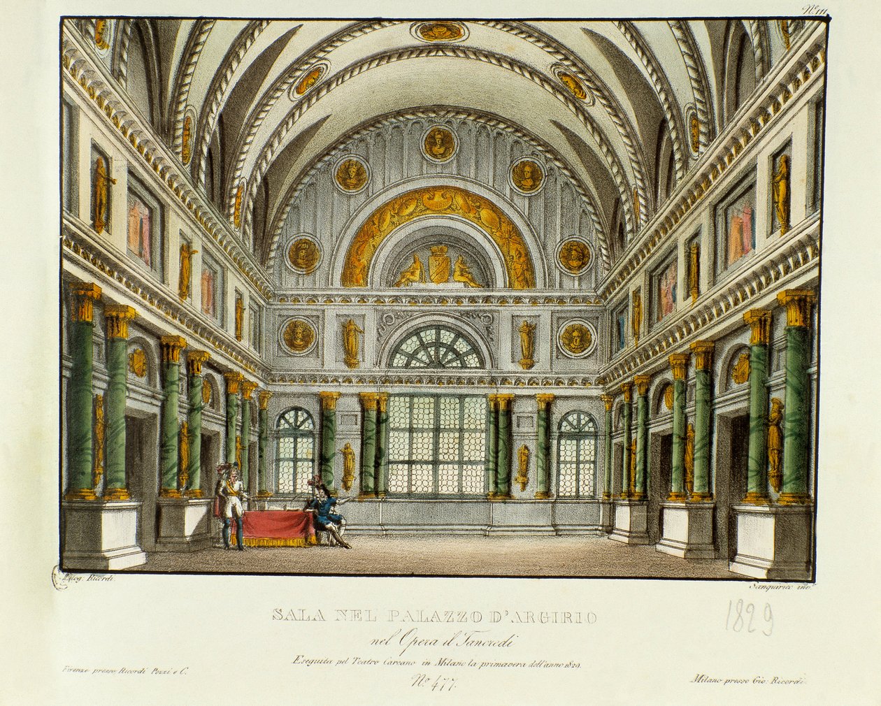 A szirakúzai király palotájának látképe Argirio Szcenográfia Gioacchino Rossini (vagy Gioachino) „Tancredi” (vagy Tancrede) című operájának (1813) 1829-es milánói előadásához Voltaire „Tancrede” című darabja után. Litográfia „” Raccolta di invenzion alkotó: Alessandro Sanquirico