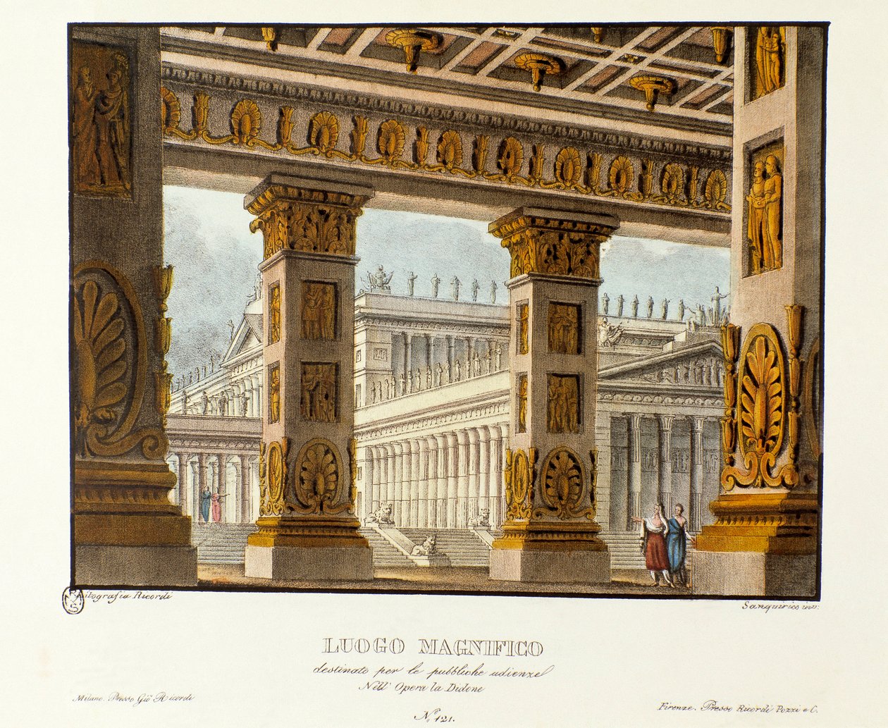 Kilátás a palotára, ahol nyilvános meghallgatások zajlanak. Szcenográfia Niccolo Vito Piccinni (vagy Piccini) zeneszerző „" Didone" (Didon) (1783) című lírai tragédiájának ábrázolásához a Metastasio (Metasztázis) operája után. Litográfia a „” Raccolta-ban alkotó: Alessandro Sanquirico