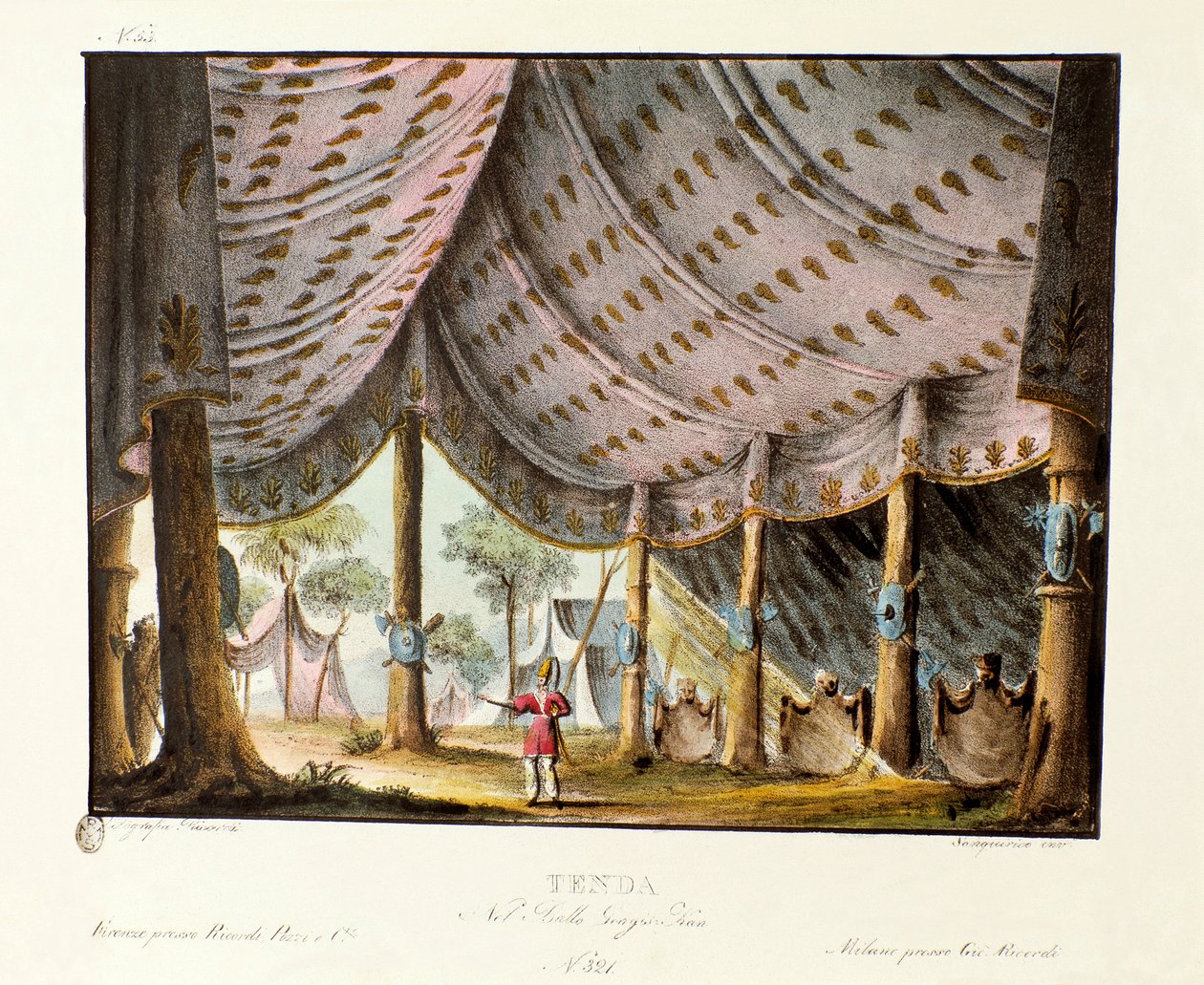 Kilátás Dzsingisz kán királyi sátrára, Giovanni Galzerani (1780-1865) (1828) olasz koreográfus „” Genis-Kan” című balettjéhez. Litográfia a „” Alessandro Sanquirico (1777-1849) festői találmányainak gyűjteménye 1830-ból”. milánói priv alkotó: Alessandro Sanquirico