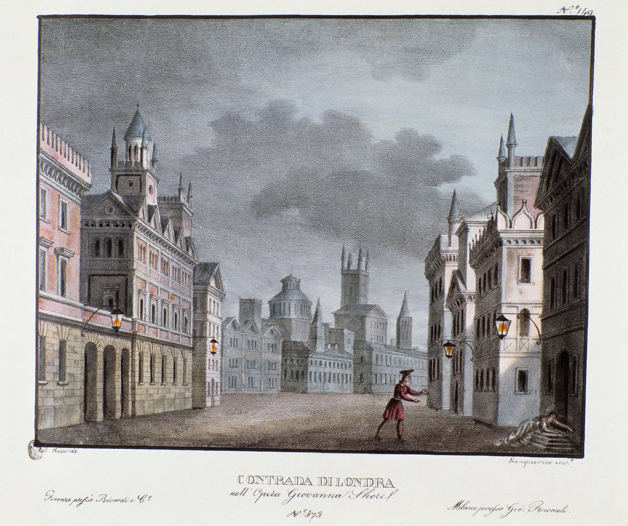 Kilátás London külvárosaira Carlo Ponti (1829) „Giovanna Shore” (Jeanne Shore) című operájának ábrázolásához készült szcenográfia. Litográfia a „” Alessandro Sanquirico (1777-1849) festői találmányainak gyűjteménye 1830-ból”. Milánói magángyűjtemény alkotó: Alessandro Sanquirico