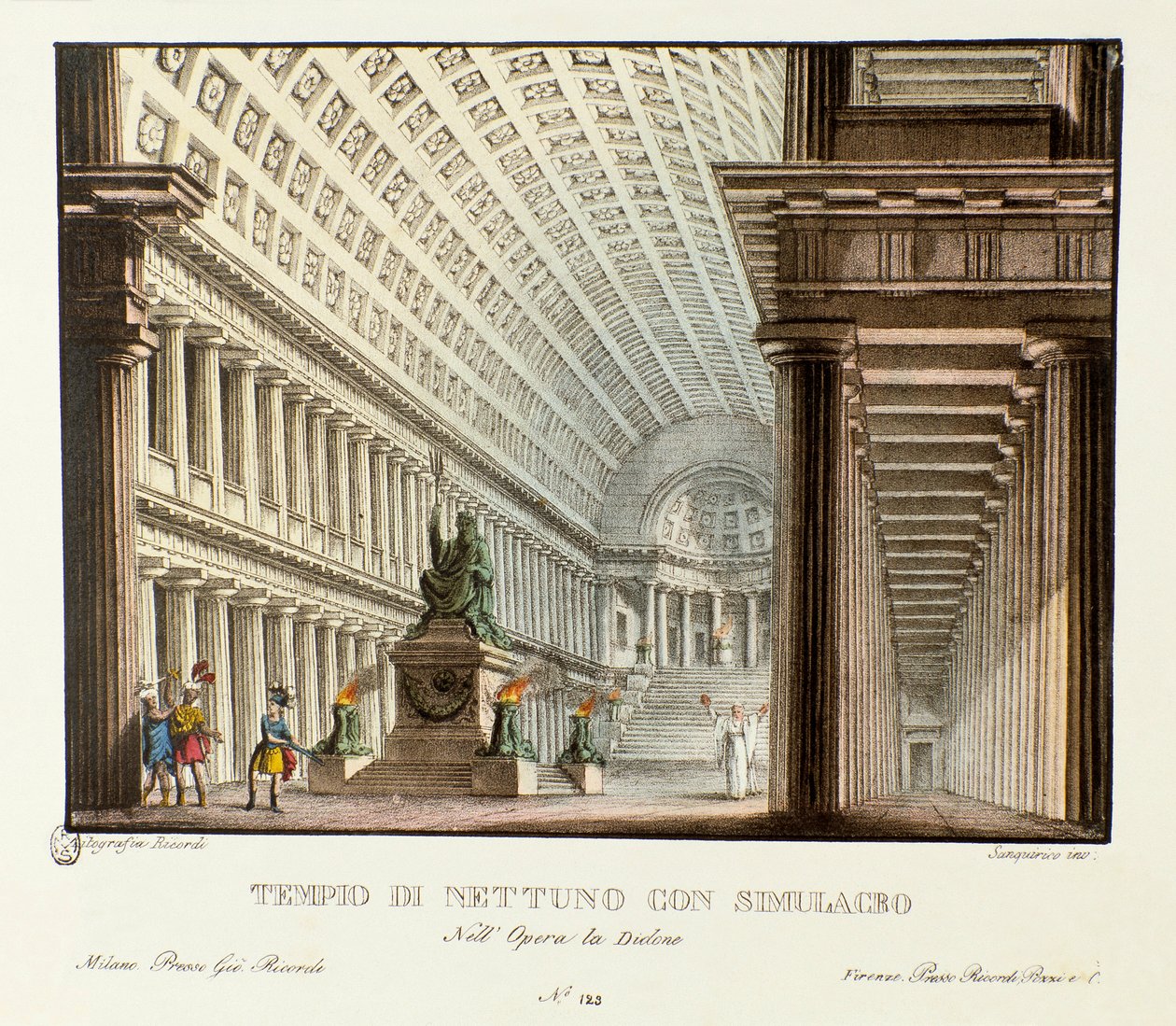 Kilátás a Neptunusz-templomra Scenography Niccolo Vito Piccinni (vagy Piccini) zeneszerző „" Didone " (Didon) (1783) című lírai tragédiájának ábrázolására a Metastasio (Metasztázis) operája után. Litográfia a „” szcenikai találmányok gyűjteménye d alkotó: Alessandro Sanquirico