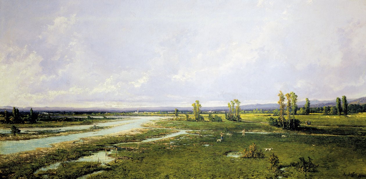 Vadászat a bellunói Piave folyó medrében, Alessandro Seffer (1832-1905) festménye, Olaj, vászon alkotó: Alessandro Seffer Guerra