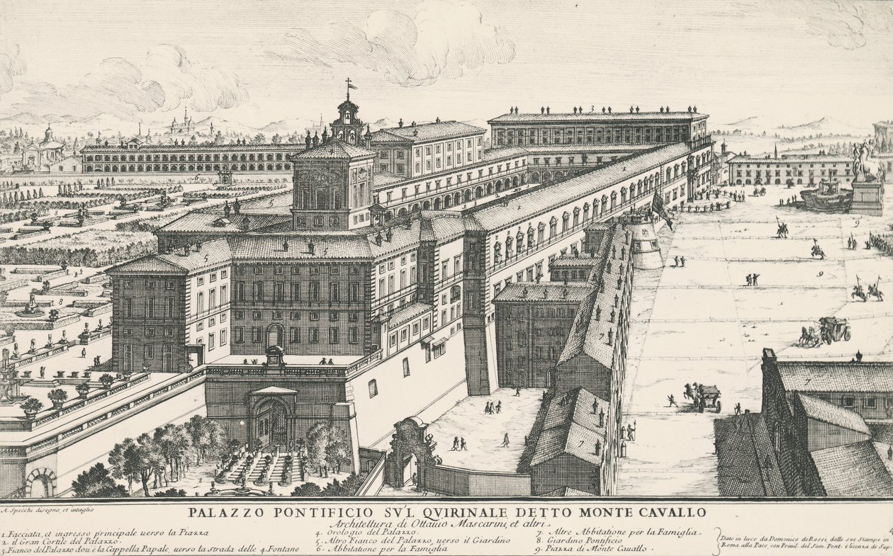 Pápai palota a Quirinale-dombon, más néven Monte Cavallo, Alessandro Specchi (1668-1729) rajza és metszete, Olaszország alkotó: Alessandro Specchi