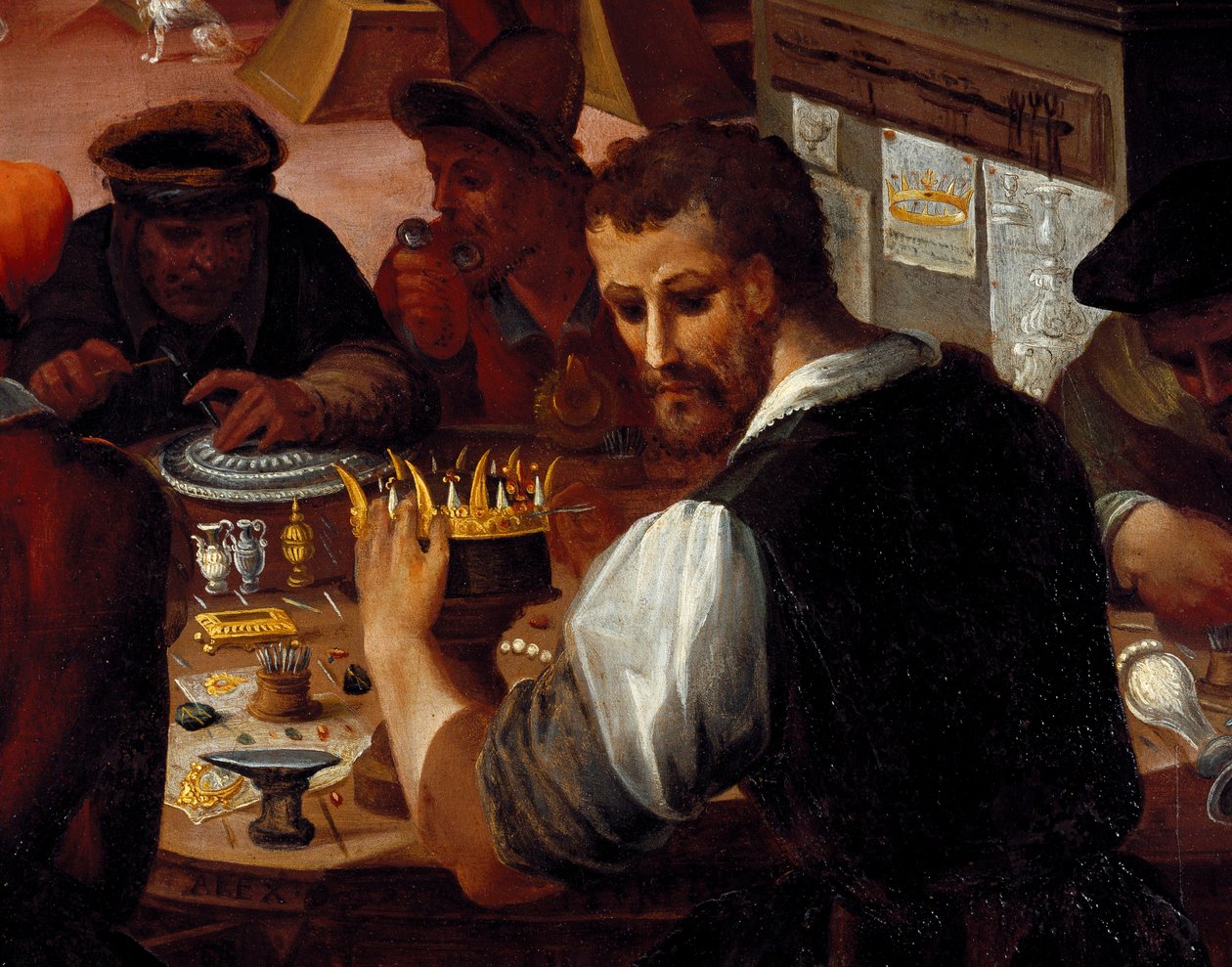Az ötvös műhelye. Fémmunkások részlete (Festmény alkotó: Alessandro di Vincenzio Fei