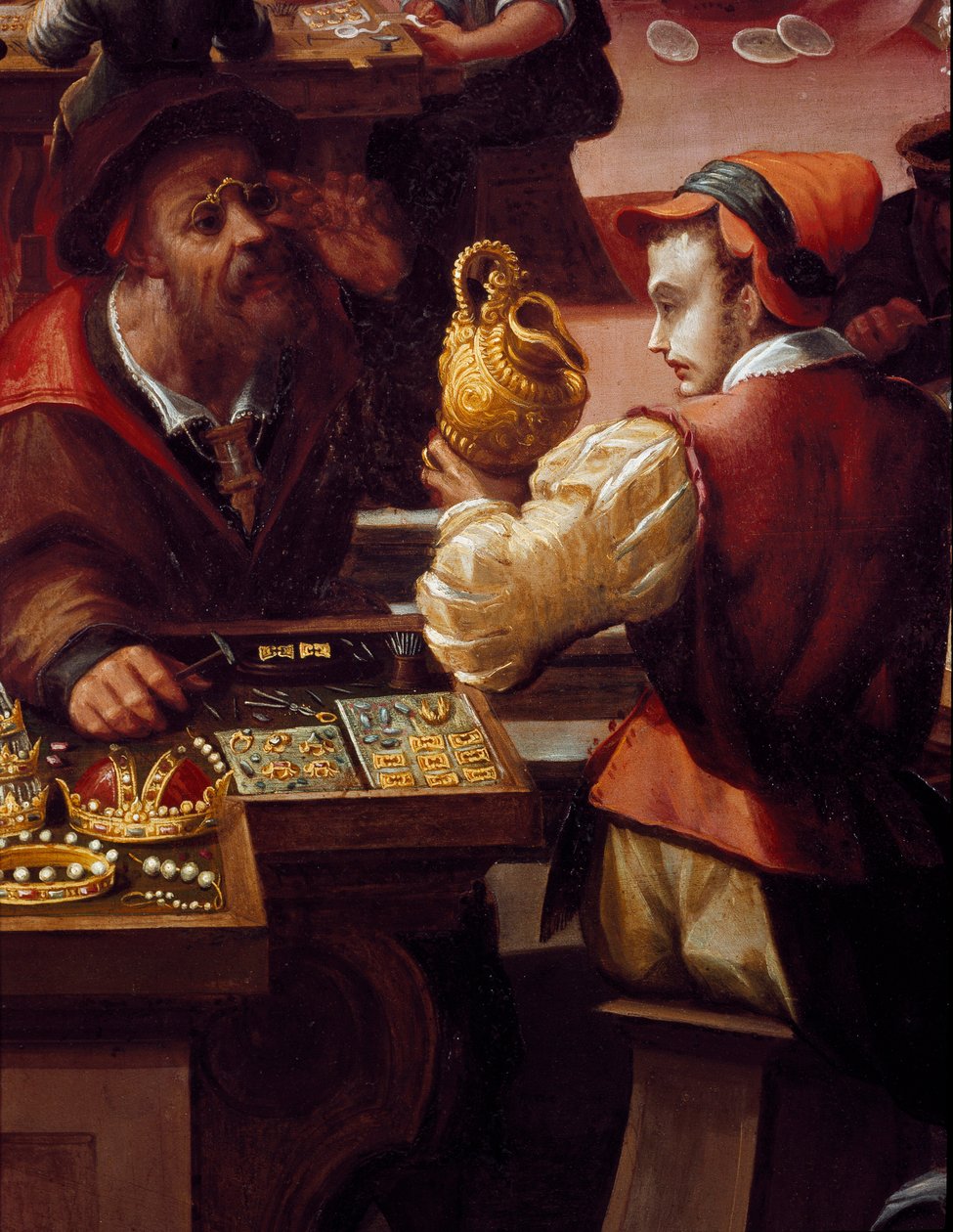 Az ötvös műhelye Tárgy-, ékszer-kereskedelem részlete. (Festés alkotó: Alessandro di Vincenzio Fei