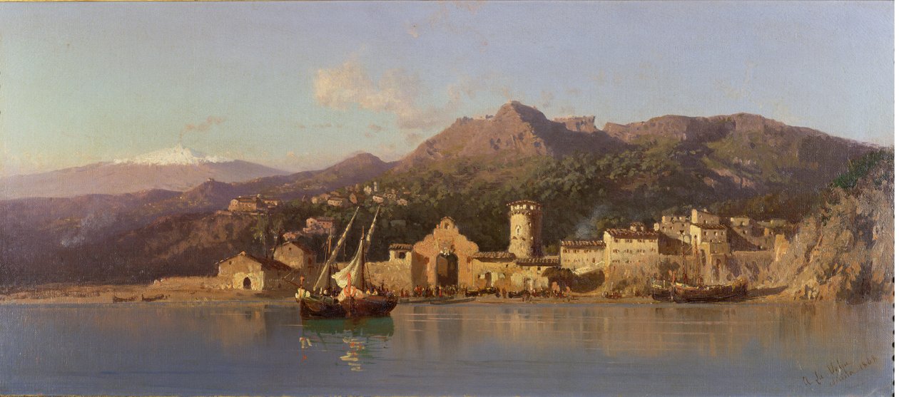 Kilátás a szicíliai Taorminára, az Etnával a háttérben, 1868 alkotó: Alessandro la Volpe