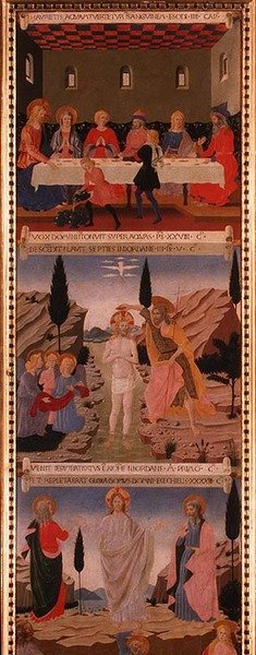 Az utolsó vacsora jelenetei, Krisztus megkeresztelkedése és a mennybemenetel, második panel Santissima Annunziata ezüstkincstárából, 1450-53 körül (tempera a panelen) alkotó: Alessio Baldovinetti