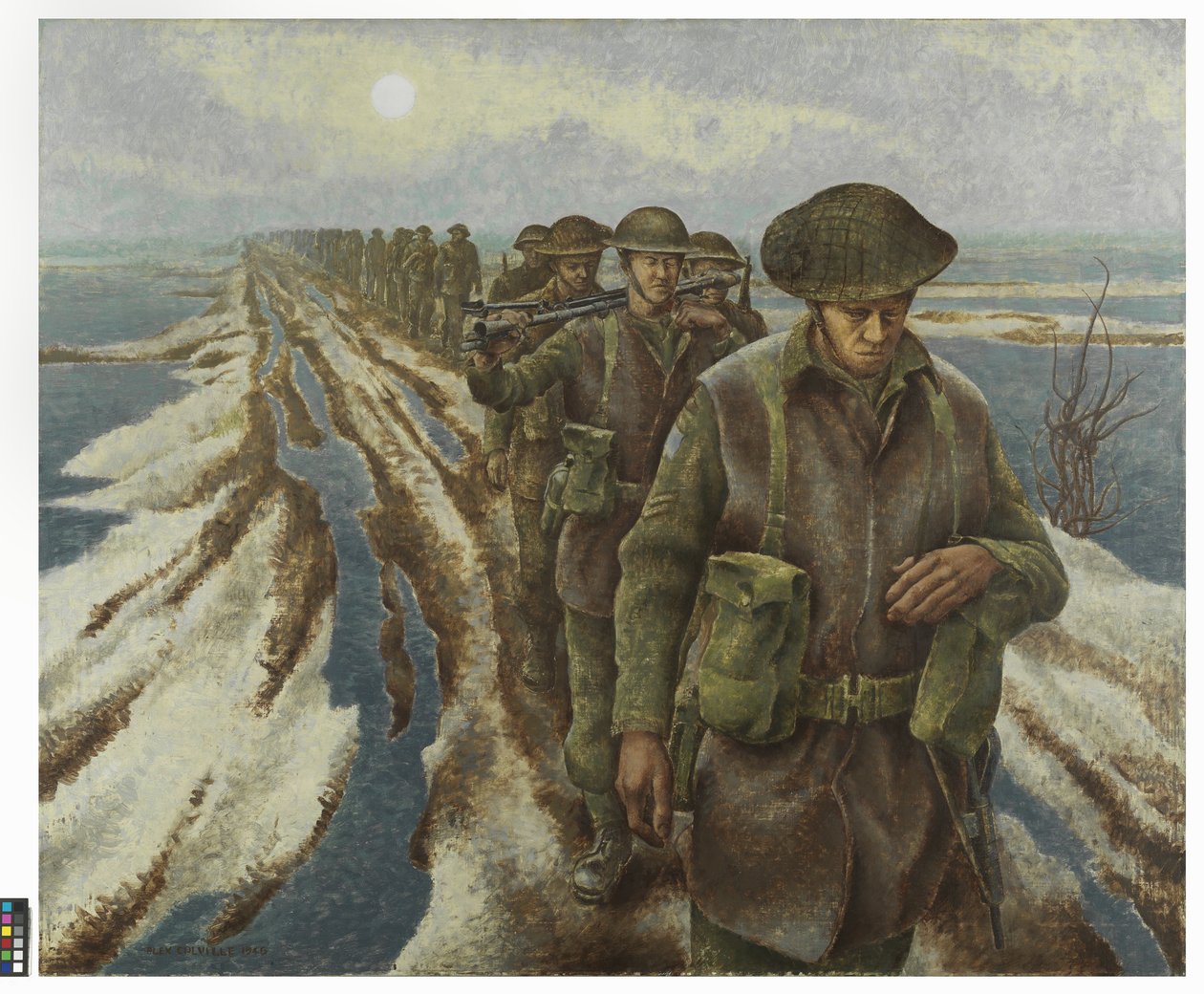 Gyalogság Nijmegen közelében, 1940 körül (olaj, vászon) alkotó: Alex Colville