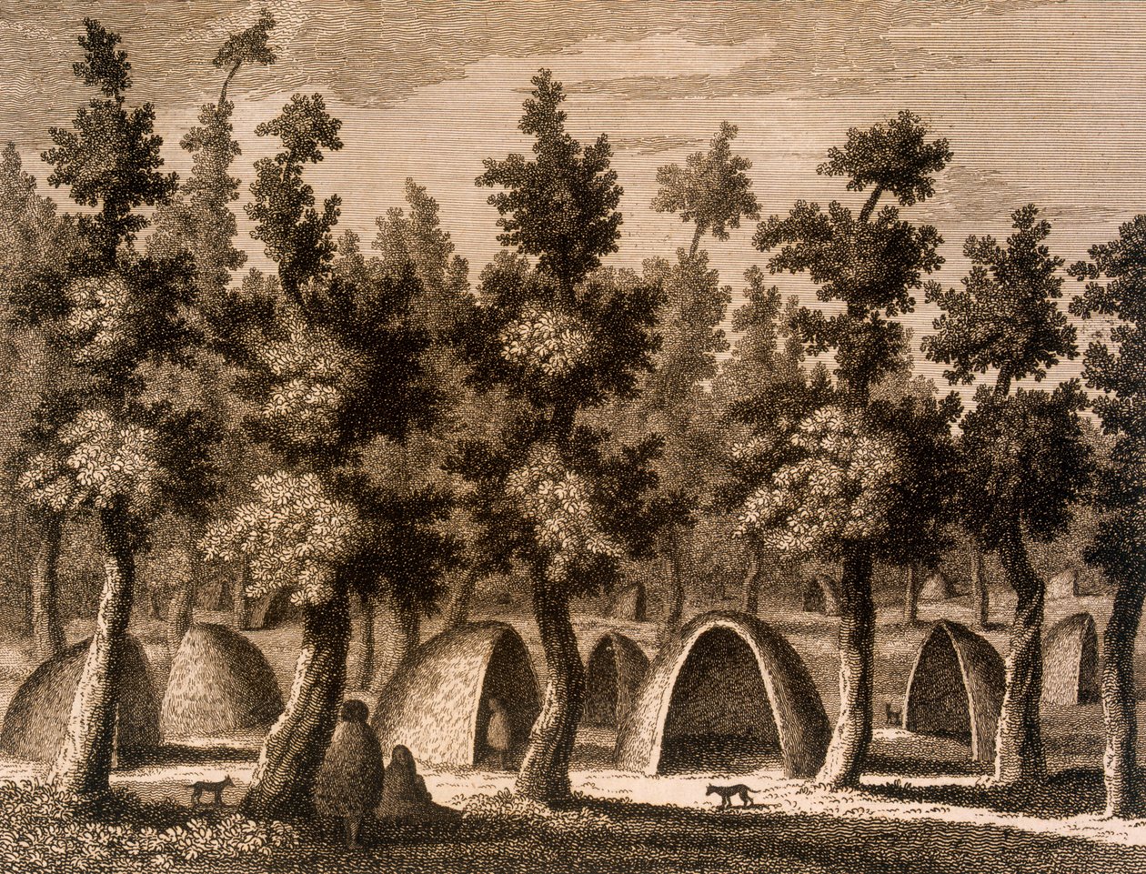 Egy falu látképe a Jóreménység-öbölben, Tierra del Fuego, 1777 alkotó: Alexander Buchan