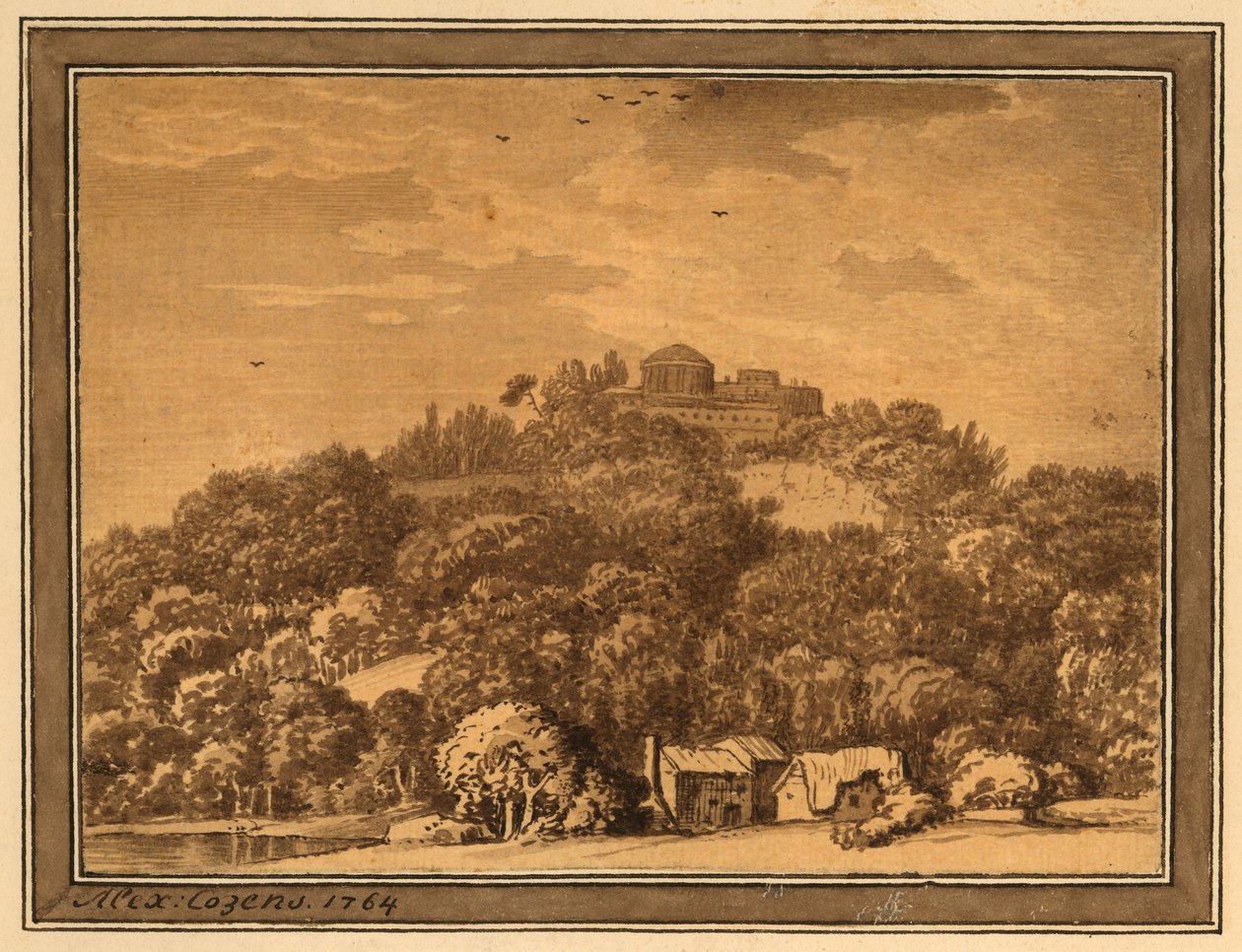 Táj templommal, 1764 (mosás papíron) alkotó: Alexander Cozens