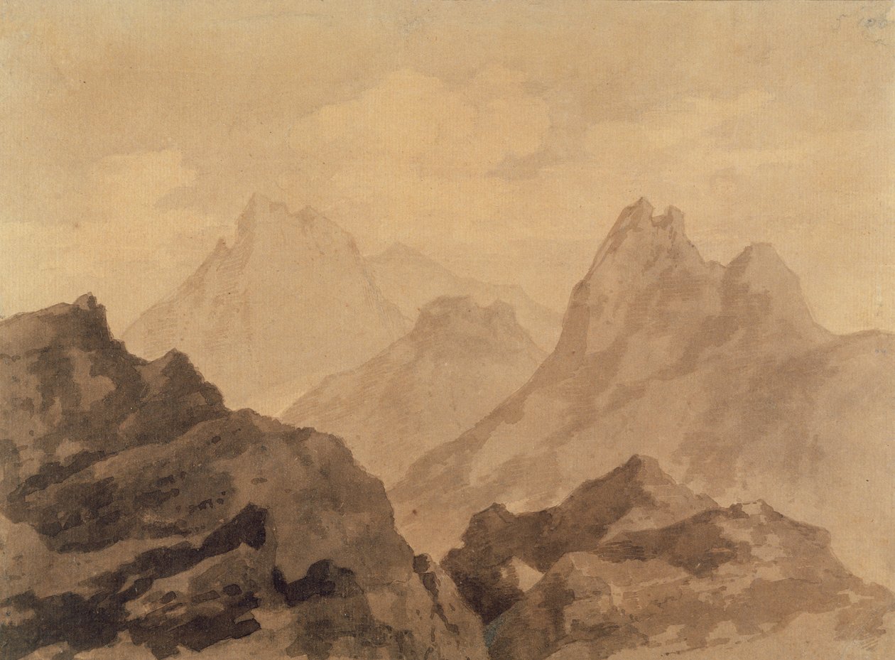 Hegycsúcsok (A Mountain Study), 1780 körül (grafit barna és szürke mosással a papíron) alkotó: Alexander Cozens