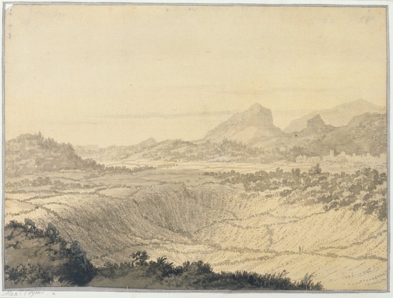 Sziklás táj (szürke mosás, papír) alkotó: Alexander Cozens