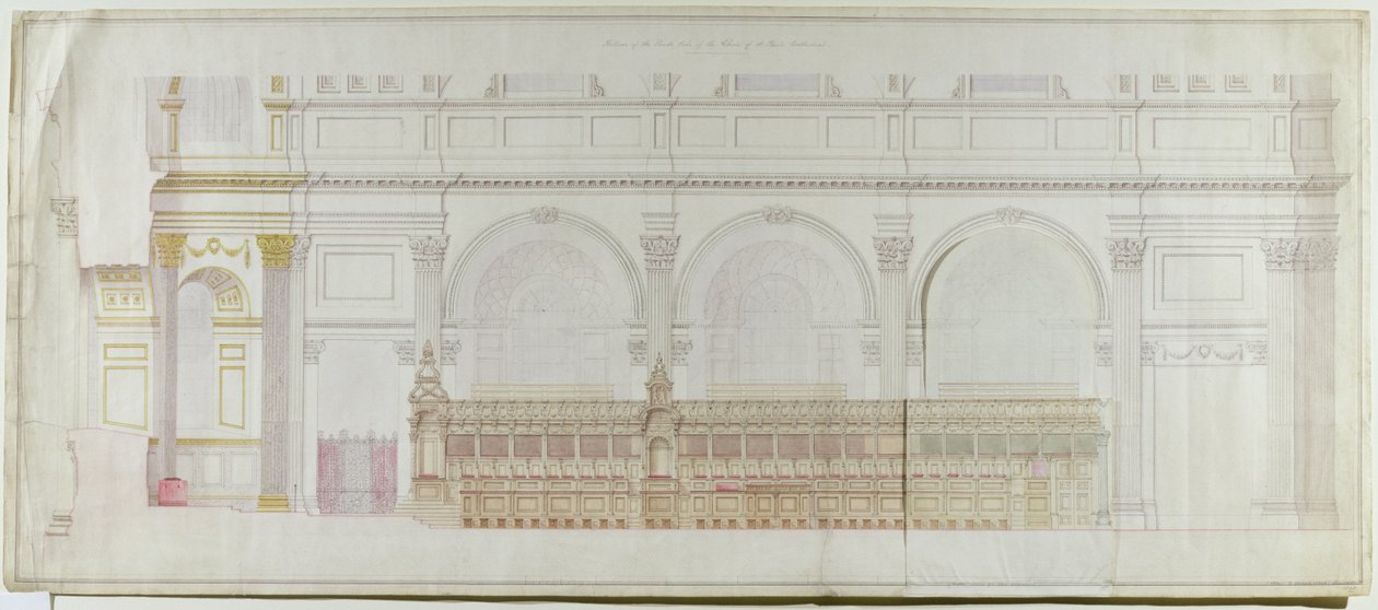 A St. Pauls Cathedral kórusának emelése, amelyet C.R. Cockerell (1788-1863) újradíszített 1848 (ceruza és WC papíron) alkotó: Alexander Dick Gough