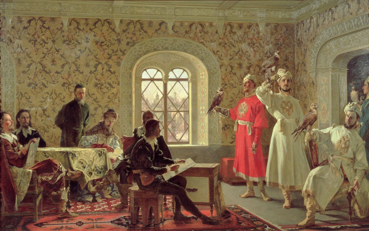 Calvuci olasz nagykövet Alekszej Mihajlovics cár (1629-76) sólymjait rajzolta 1889 alkotó: Alexander Dimitrievitch Litovtchenko