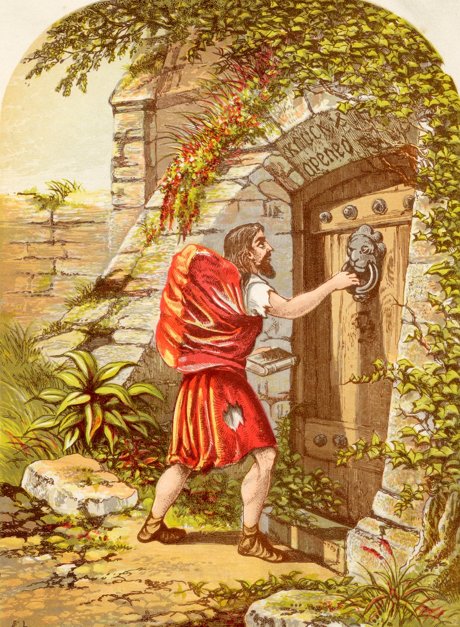 Keresztény a kapuban, John Bunyan A zarándokok haladásából, 1880 körül alkotó: Alexander Francis Lydon