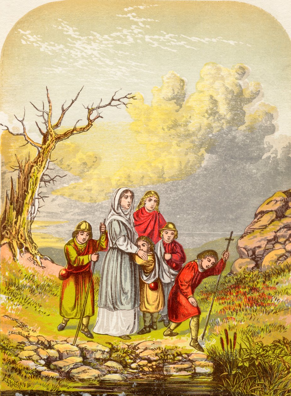 Christiana és gyermekei megérkeznek a Despond Slough-ba, John Bunyan A Pilgrims Progress című könyvéből, amely 1880 körül jelent meg. alkotó: Alexander Francis Lydon