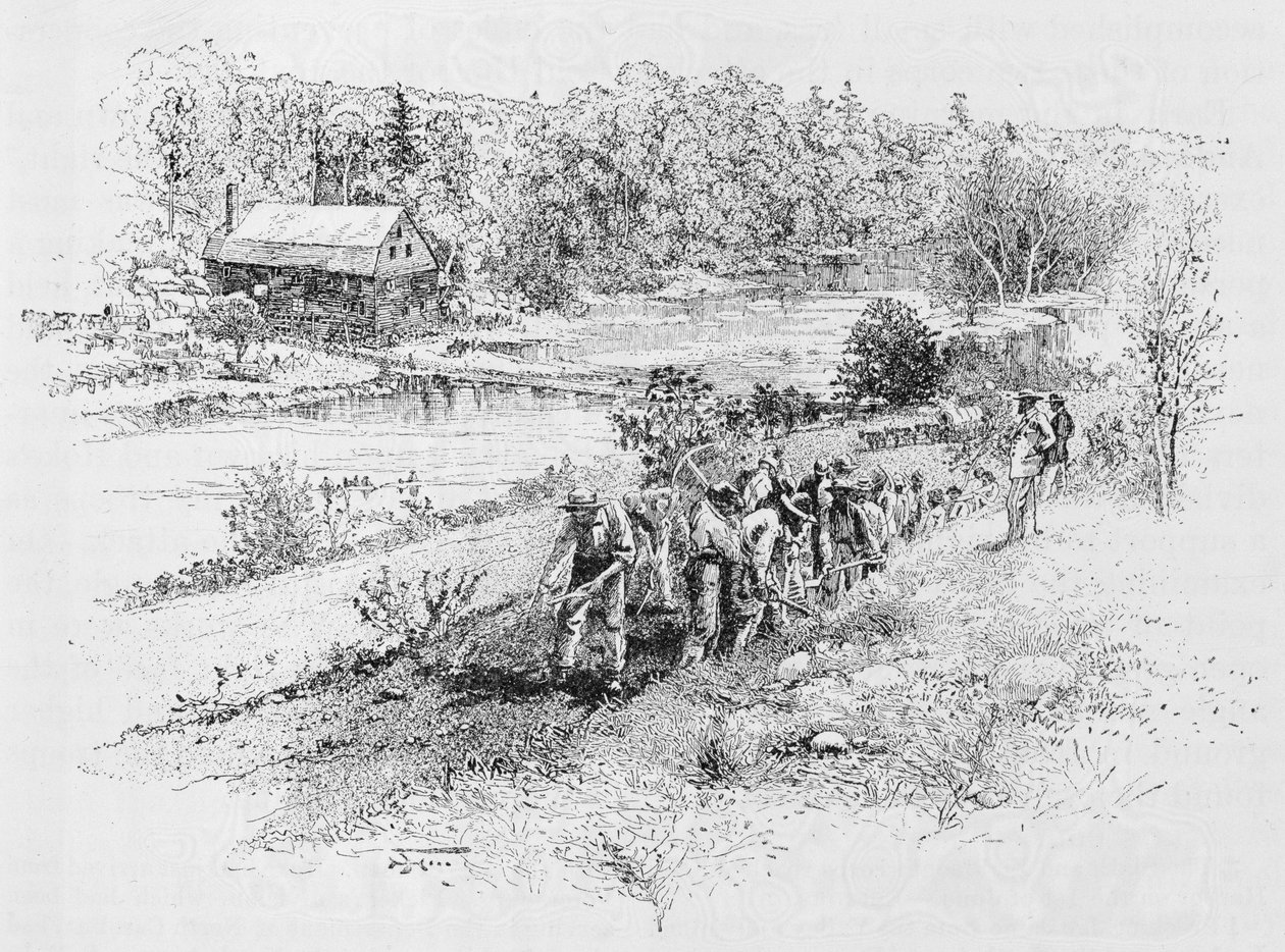 Jericho Mills: Uniós mérnöki alakulat munka közben, vésette Harry Fenn (183845-1911) fényképről, illusztráció a „Csatták és a polgárháború vezetői” című könyvből, szerkesztette: Robert Underwood Johnson és C. alkotó: Alexander Gardner
