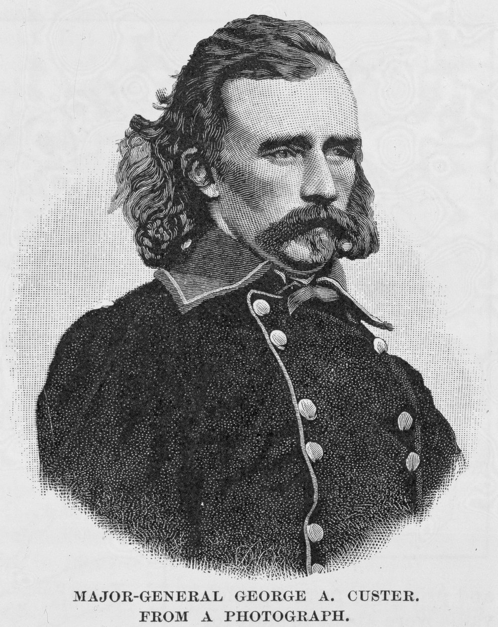 George Armstrong Custer vezérőrnagy, fényképről vésve, illusztráció a „Csatták és a polgárháború vezetői” című könyvből, szerkesztette: Robert Underwood Johnson és Clarence Clough Buel alkotó: Alexander Gardner