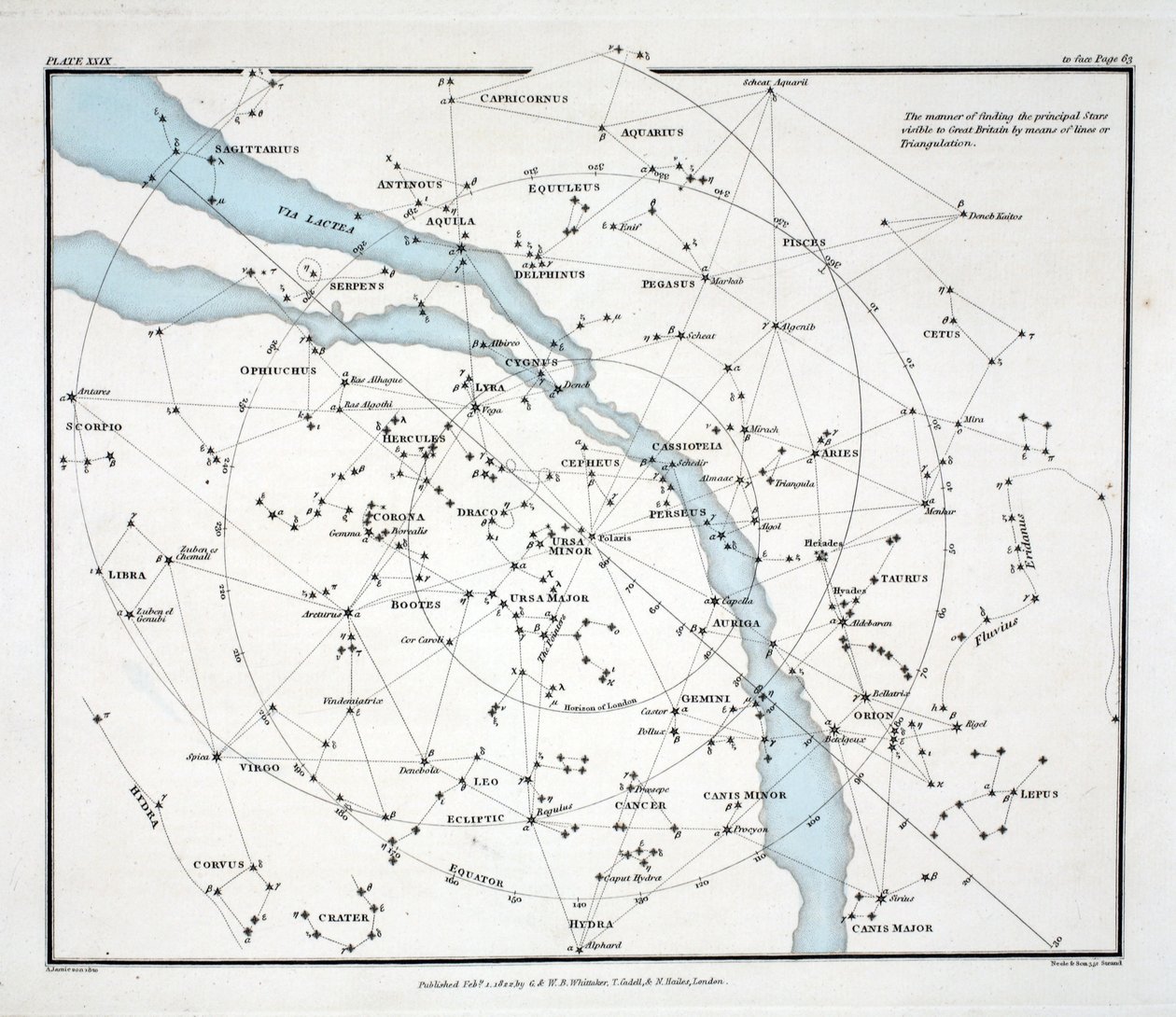 A Nagy-Britanniában látható főbb csillagokat ábrázoló térkép (XXIX. tábla, Alexander Jamieson „A Celestial Atlas” című művéből, London 1822 (kézzel színezett metszet)) alkotó: Alexander Jamieson