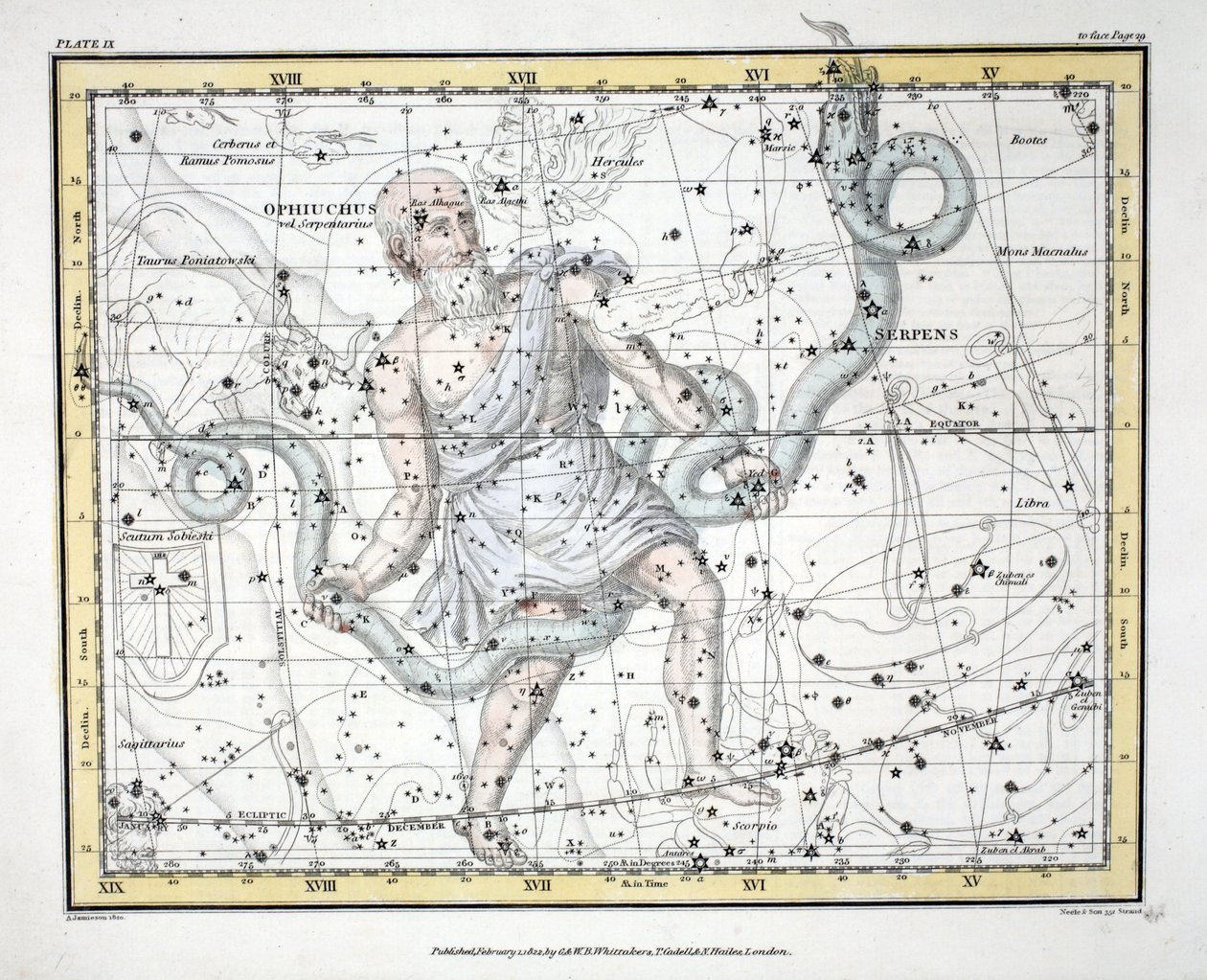 A csillagképek (IX. tábla) Olphiuchus vagy Serpentarius és Serpens, Alexander Jamieson "A Celestial Atlas" című művéből, kiadó: Alexander Jamieson. London 1822 (kézi színes metszet) alkotó: Alexander Jamieson