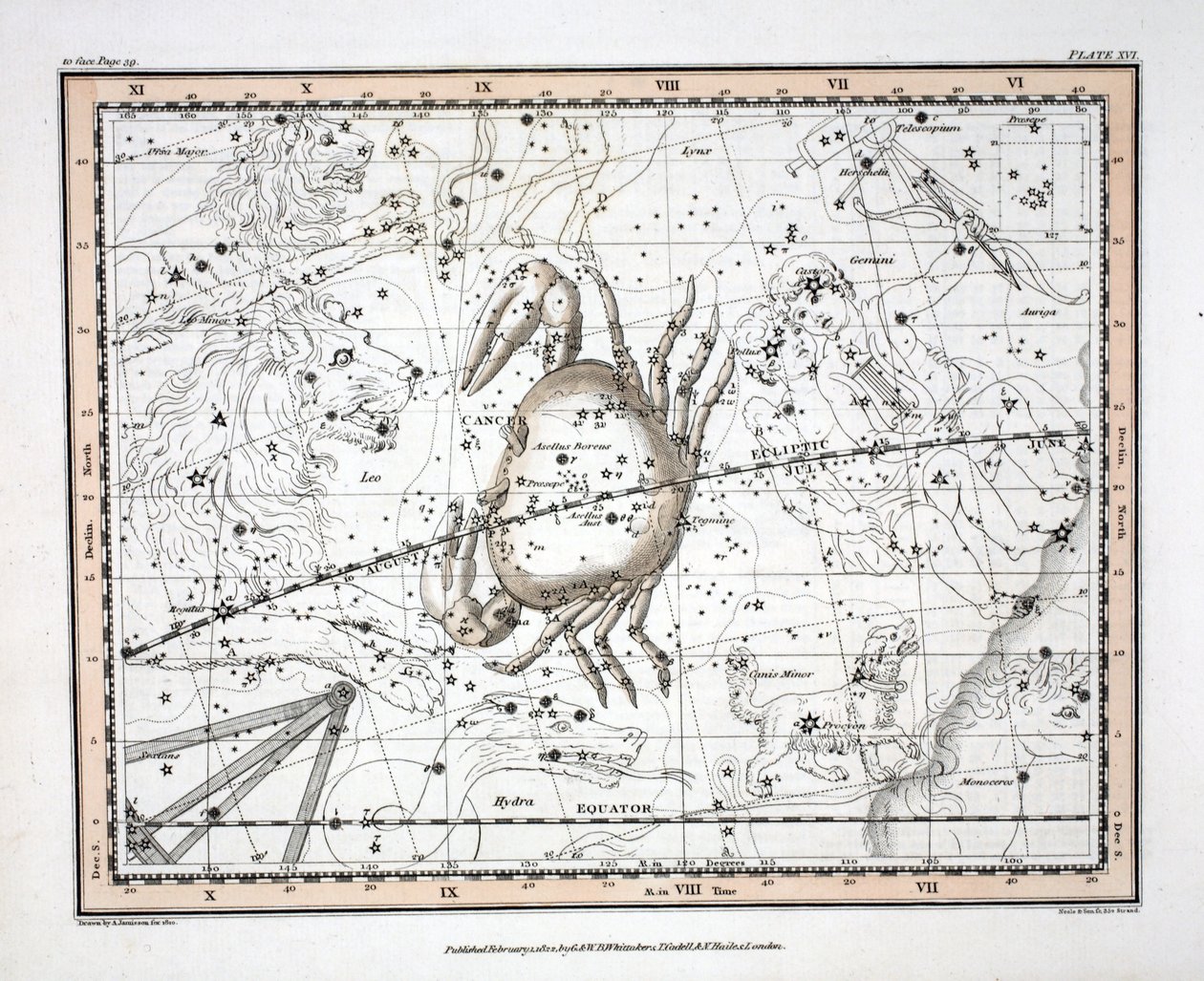 A csillagképek (XVI. tábla) Rák, Alexander Jamieson „Egy égi atlasza” című művéből, pub. London 1822 (kézzel színezett metszet) alkotó: Alexander Jamieson