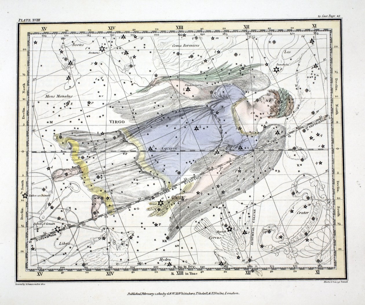 A csillagképek (XVIII. tábla) Szűz, Alexander Jamieson „Egy égi atlasza” című művéből, pub. London 1822 (kézzel színezett metszet) alkotó: Alexander Jamieson