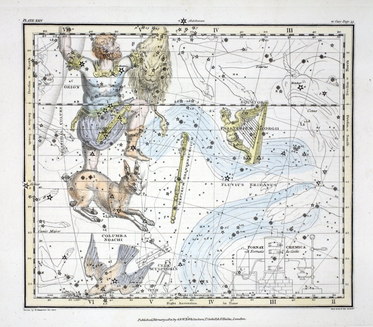 A csillagképek (XXIV. tábla) Eridanus folyó, Orion; Lepus, Noé Columbája, Cela szobrász, György zsoltár, óra, Equuleus Pictorius, Brandenbergius Sceptrum, az „Egy égi atlaszból” b alkotó: Alexander Jamieson