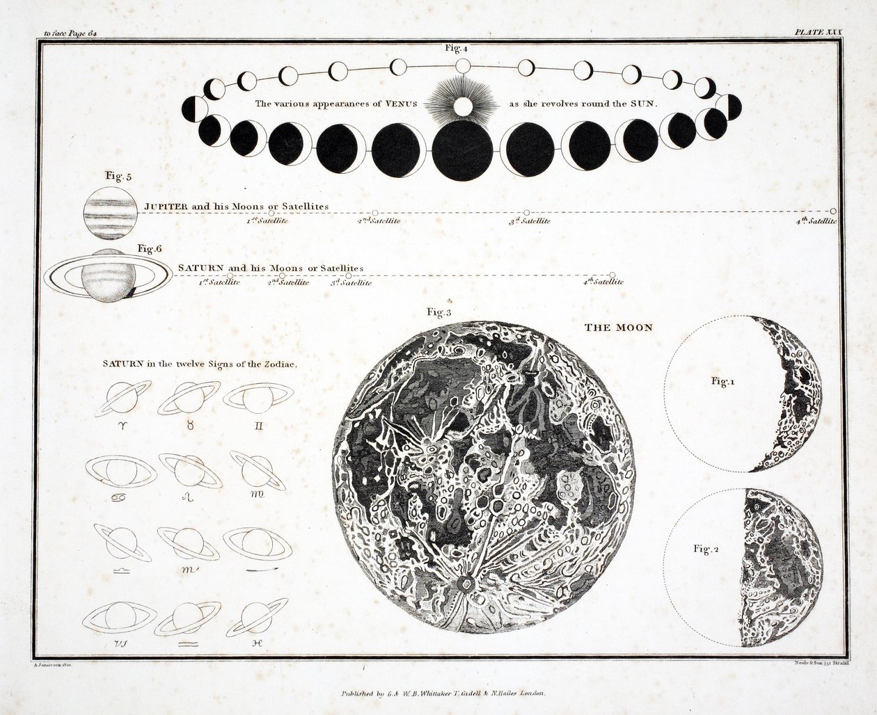 A Hold, a Vénusz és a Szaturnusz (XXX. tábla), Alexander Jamieson „Egy égi atlasza” című kocsmából. London 1822 (kézzel színezett metszet) alkotó: Alexander Jamieson