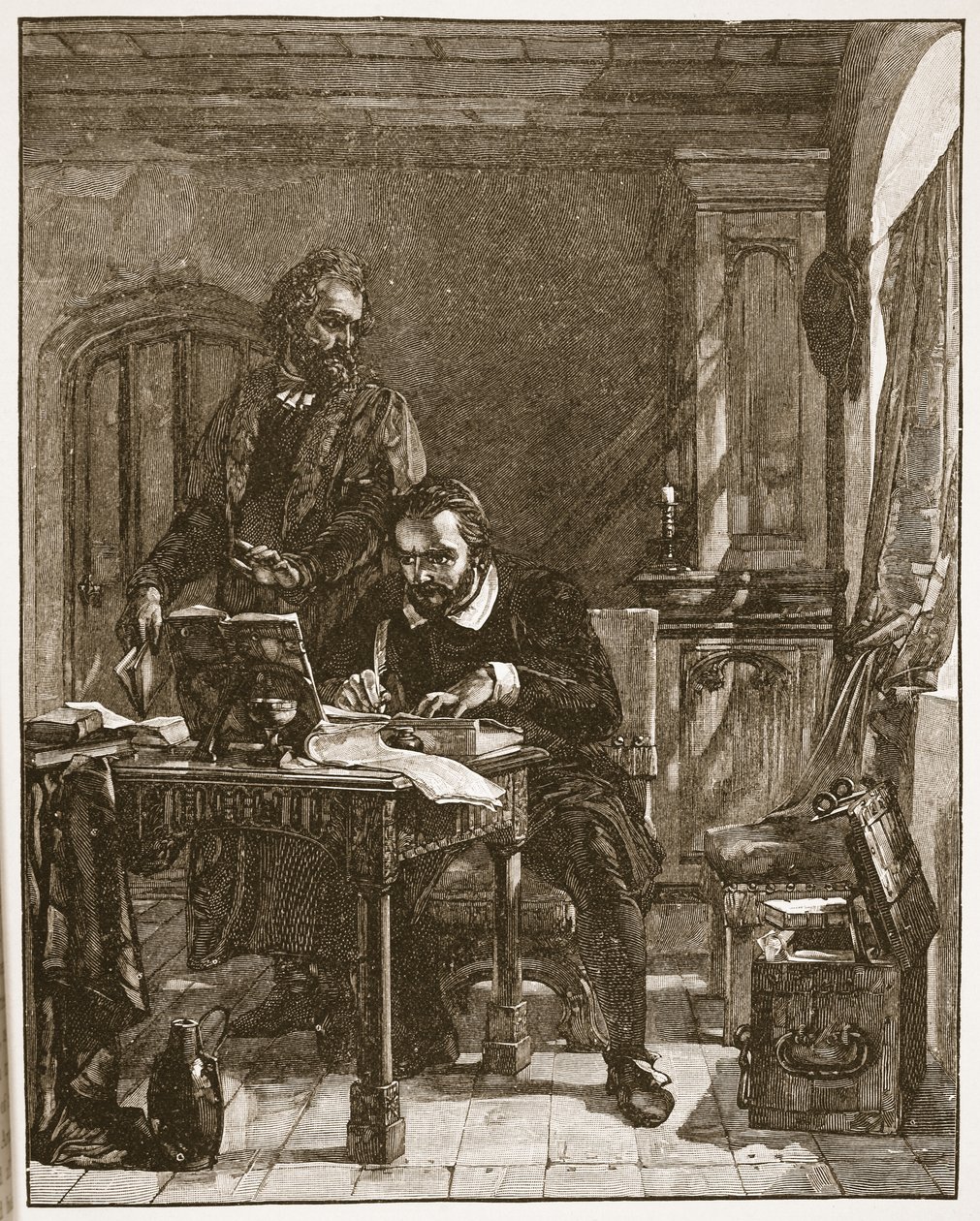 Tyndale fordítja a Bibliát, illusztráció a „The Church of England: A History for the People” című könyvéből, H.D.M. Spence-Jones, kocsma. 1910 körül (szépia fotó) alkotó: Alexander Johnston