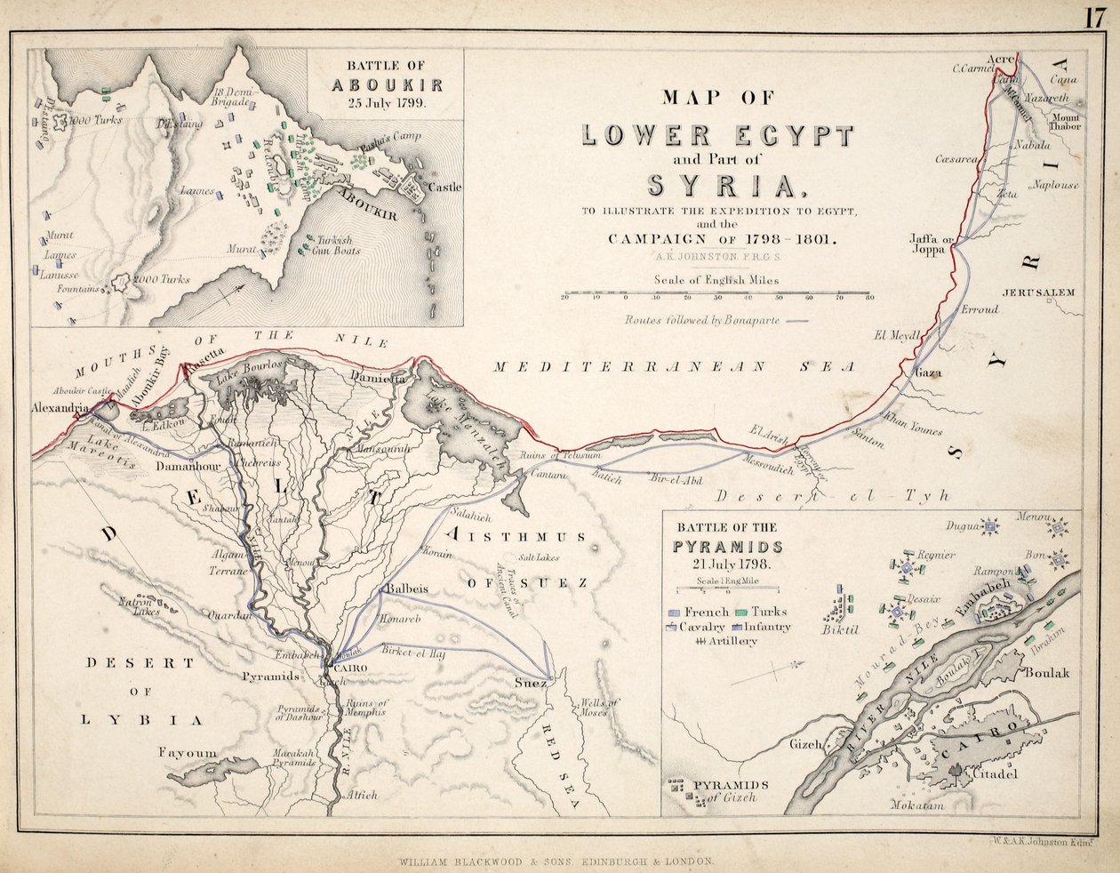 Alsó-Egyiptom és Szíria egy részének térképe, kiadó: William Blackwood and Sons, Edinburgh und London, 1848 (kézzel színezett metszet) alkotó: Alexander Keith Johnston