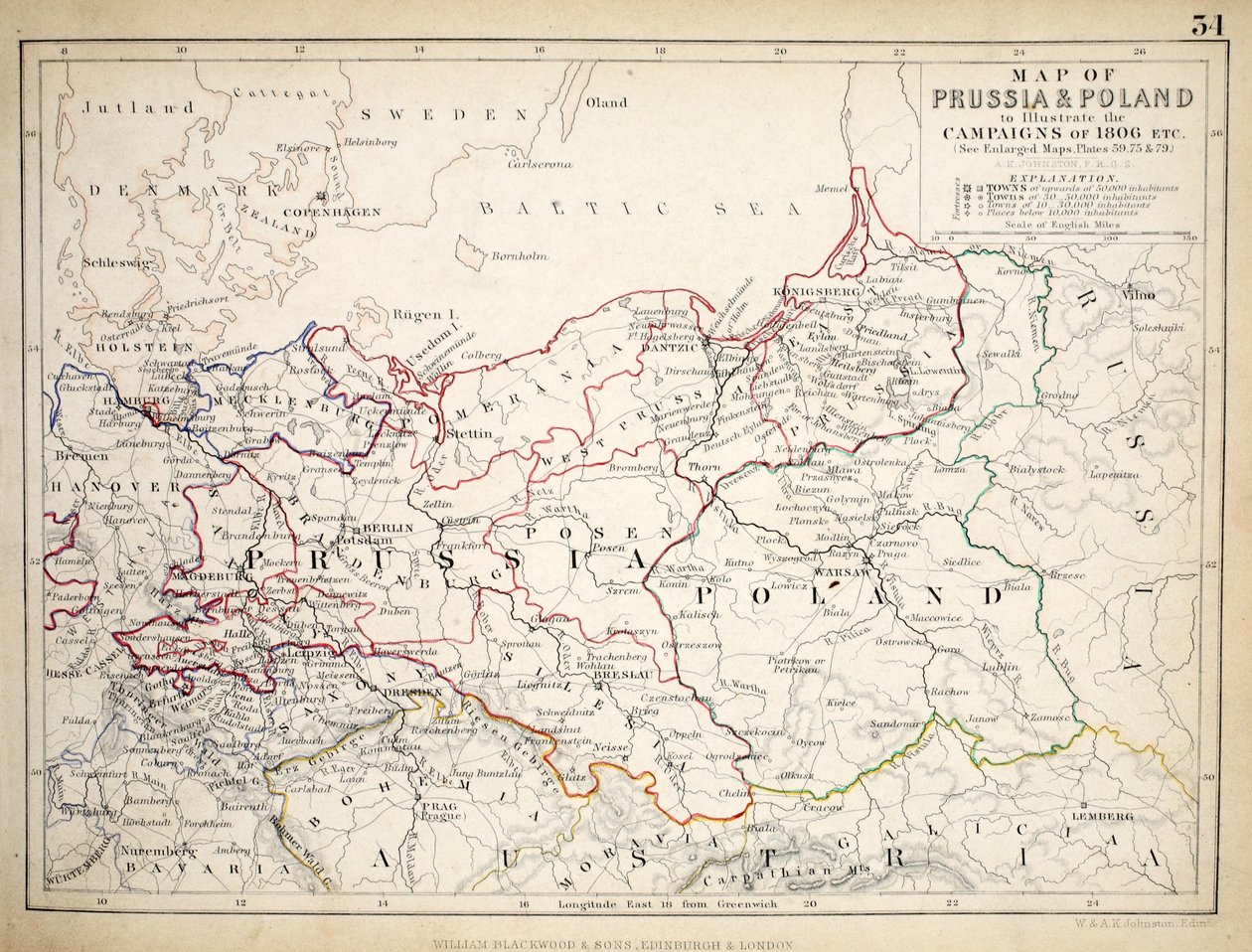 Poroszország és Lengyelország térképe, kiadó: William Blackwood and Sons, Edinburgh und London, 1848 (kézzel színezett metszet) alkotó: Alexander Keith Johnston