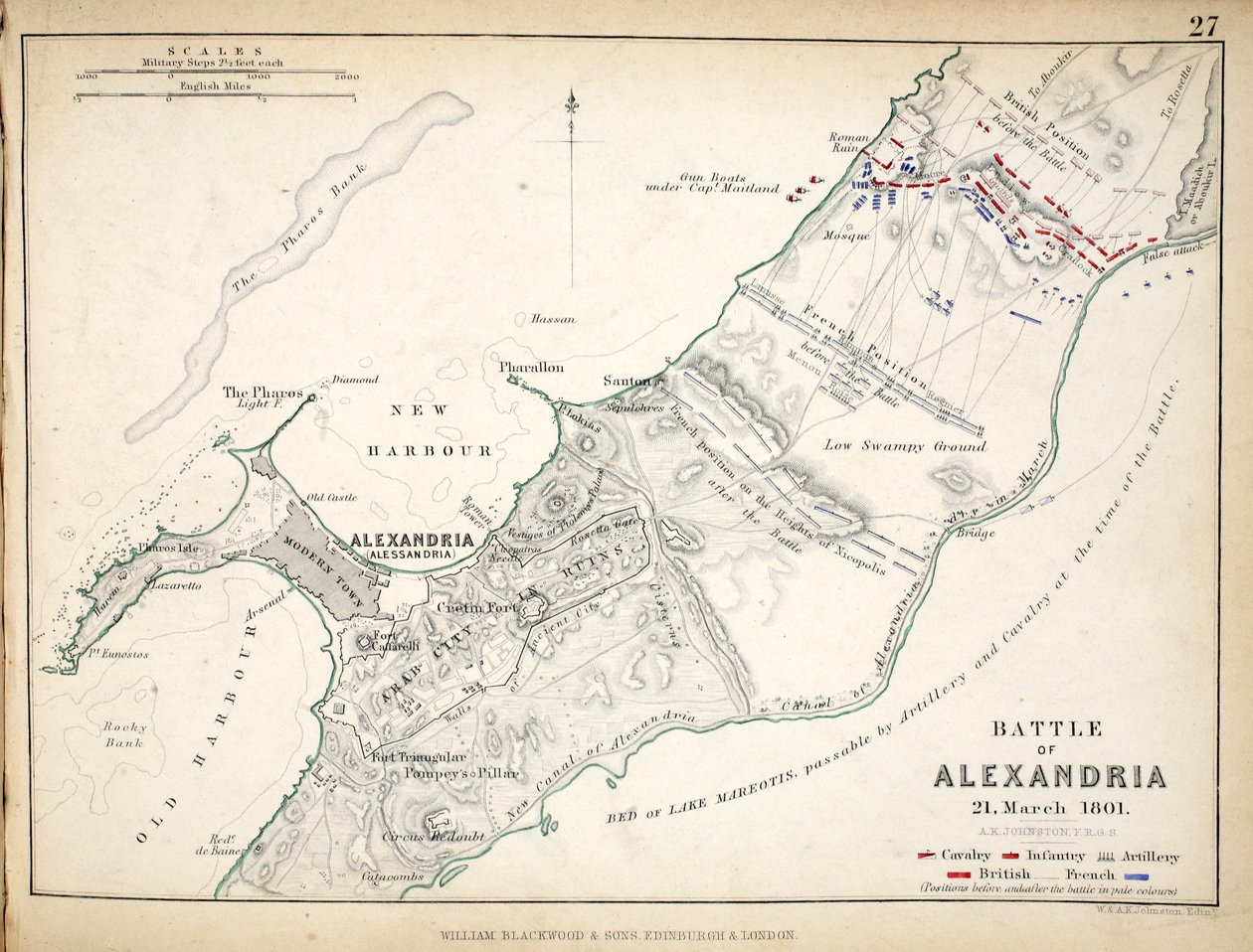 Az alexandriai csata térképe, kiadó: William Blackwood and Sons, Edinburgh és London, 1848 (kézzel színezett metszet) alkotó: Alexander Keith Johnston