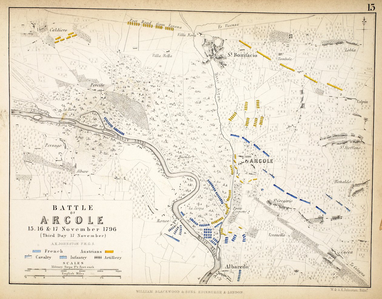 Az Arcole-i csata térképe, kiadó: William Blackwood and Sons, Edinburgh és London, 1848 (kézzel színezett metszet) alkotó: Alexander Keith Johnston