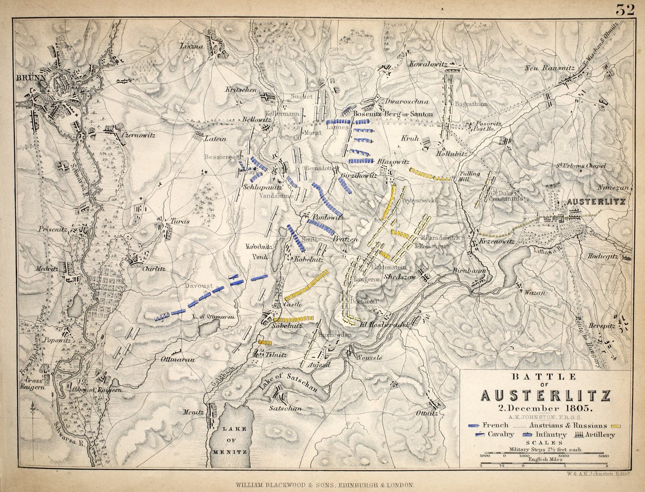 Az auszerlitzi csata térképe, kiadó: William Blackwood and Sons, Edinburgh és London, 1848 (kézzel színezett metszet). alkotó: Alexander Keith Johnston