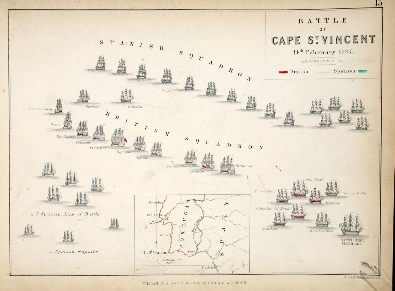 A St. Vincent-fok-i csata térképe, William Blackwood and Sons, Edinburgh és London, 1848 (kézzel színezett metszet) alkotó: Alexander Keith Johnston