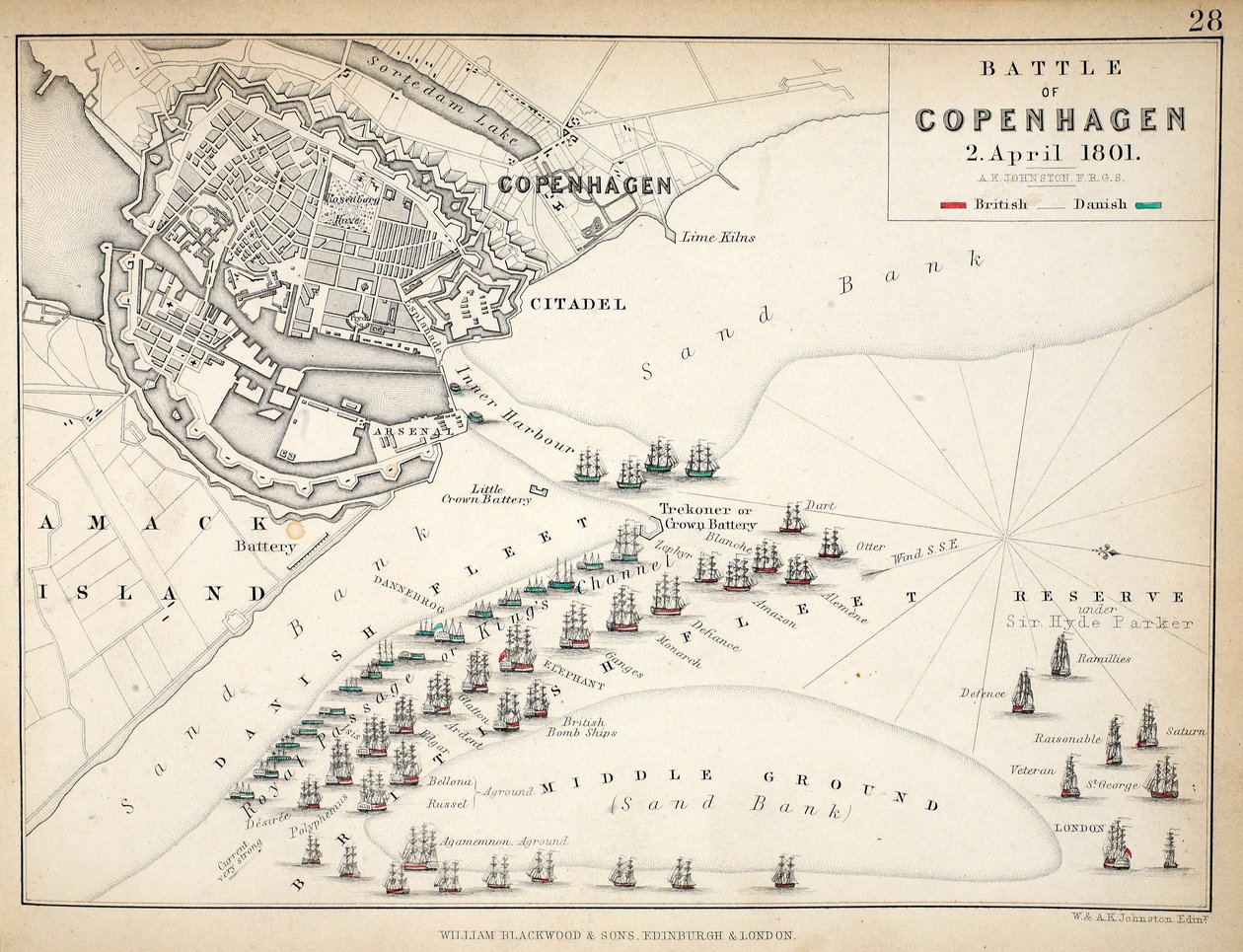 A koppenhágai csata térképe, kiadó: William Blackwood and Sons, Edinburgh és London, 1848 (kézzel színezett metszet) alkotó: Alexander Keith Johnston
