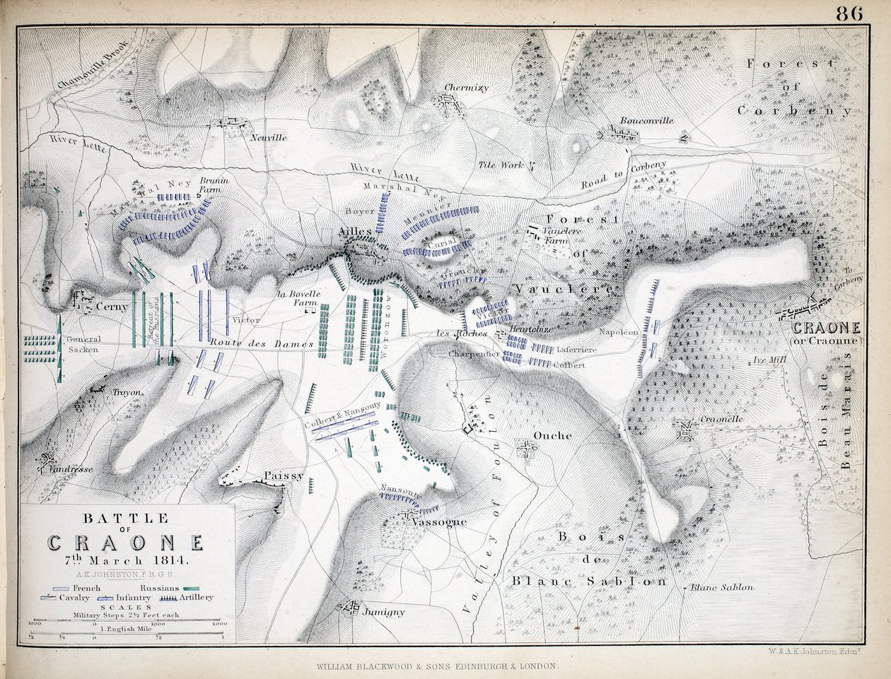 A craone-i csata térképe, kiadó: William Blackwood and Sons, Edinburgh és London, 1848 (kézi színezésű metszet). alkotó: Alexander Keith Johnston